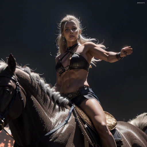 (melhor qualidade, 4k, 8k, high resolution, obra-prima: 1,2), ultradetalhado, (realista, fotorrealista, fotorrealista: 1,37), Mulher caucasiana, rosto triangular, determinado, Viking, guerreira, centro da imagem, cinematographic: a imagem em preto e branco, Strong character, fierce expression, muscular physique, long flowing hair, thick braids, capa de pele, armadura usada em batalha, nordic silver helmet, gravuras intricadas, espada larga, escudo, conquista do inimigo , cena de batalha intensa, smoke and dust, noite de luar, dramatic shadows, Epic atmosphere, heroic pose.