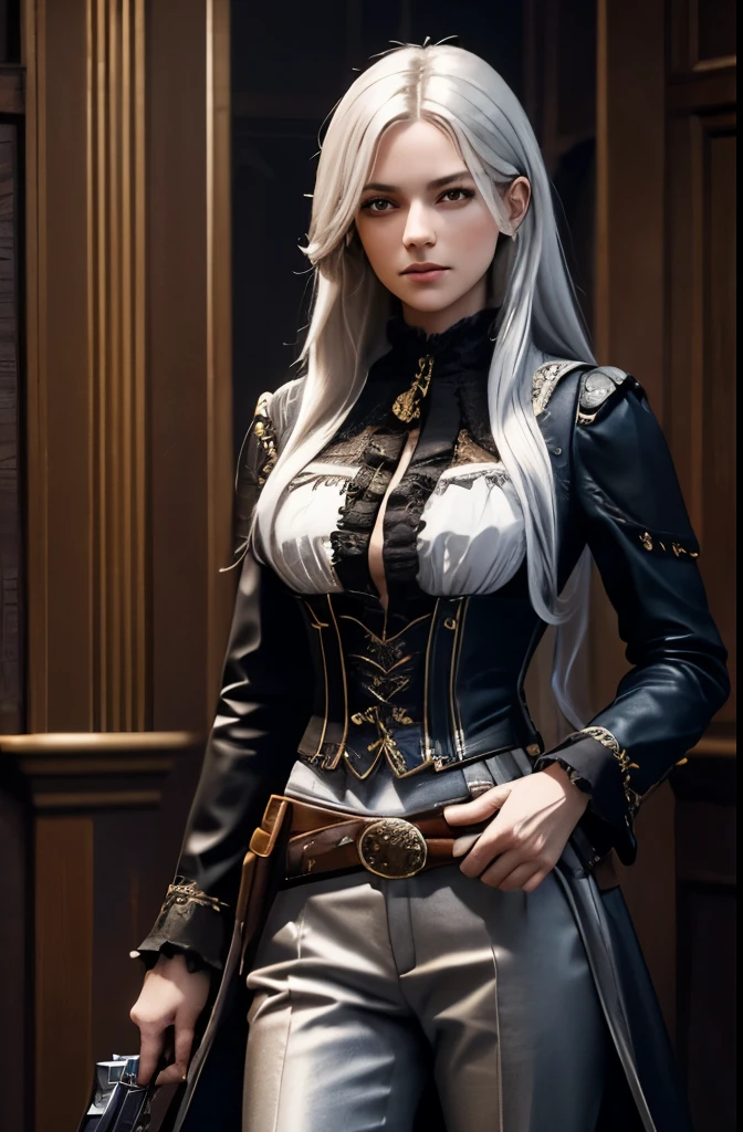 dnd female character, young adult human, gunslinger class, 2 ornate pistols, flowy Victorian blouse with trousers and leather details, silvery hair