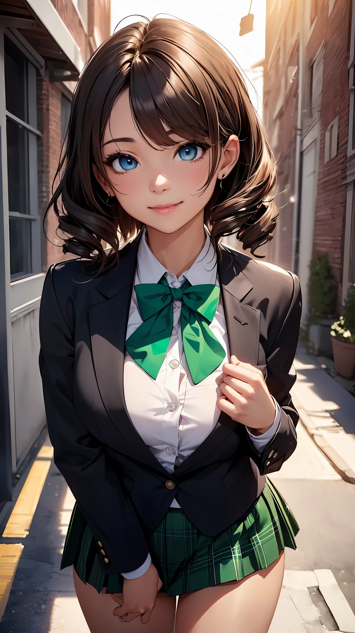 concept:A portrait of a beautiful woman。 quality:(最高quality, 4k, High resolution, masterpiece:1.2), Super detailed, (real, photorealistic:1.37), illumination:cinematic light, Bright colors and mesmerizing effects, 柔らかく繊細なillumination, gentle shine, Lens flare, Subject information:alone, ((young woman)), (narrow eyes), (small face), (high detail skin:1.2), long eyelashes, glossy lips, (brown hair, High position twin drill, blue eyes), slim body shape:1.4, Highly detailed face and skin texture, (Happy smile:1.2), facing the front:1.2, photo shootのためポーズをとる, (((Green bow tie on the chest, high school uniform:1.2, black jacket, open jacket, white shirt, dark green plaid skirt, seductive thighs))), Other details:after school:1.5, standing pose:1.2, beautiful skin, shiny skin, perfect fingers, five fingers, anatomically correct, background bokeh, Lens flare, 500㎜, f/4, photo shoot,