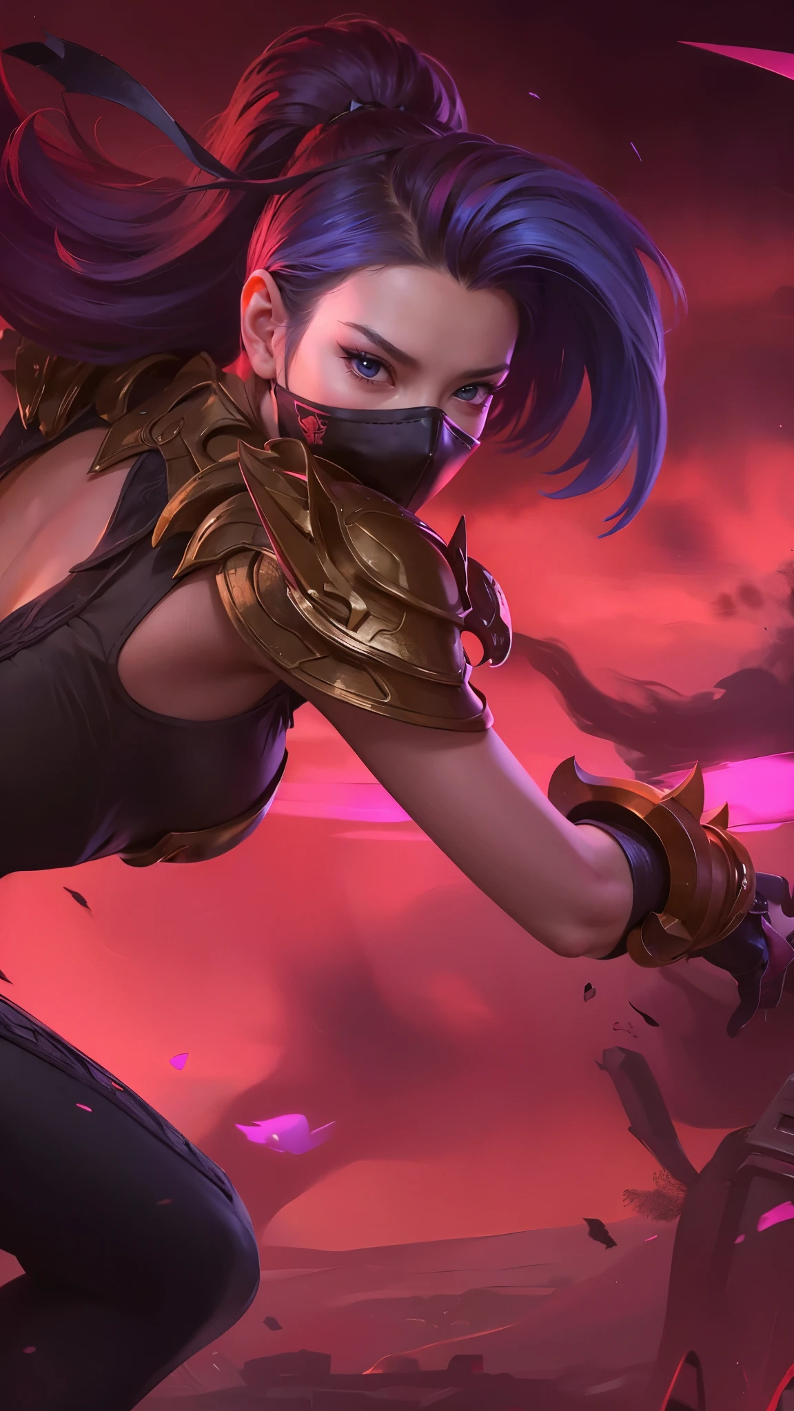 (female:1.2), 8k, ultra hd, ultra detailed texture, hyper realistic, masterpiece, detailed texture, detailed face, detailed skin, detailed lighting, (photorealistic:1.5), best quality, beautiful lighting, cinematic lighting, professional lighting, ultra highres, realistic, detailed hair, real hair, high quality, (realskin:1.5), extremely detailed, finely detail, ultra-detailed, 1girl, solo, elf, pointy ears, standing, demon horns, forehead protector, blue eyes, v-shapped eyebrow, make up, pretty, beautiful, long hair, blue hair, high ponytail, large breasts, cleavage, armpit, navel, stomach, black armor, pauldrons, bare shoulders, shoulder armor, thigh high, sleevless, detached sleeves, breastplate, gauntlets, hanabi \(mobile legends\), depth of field, white skin, skin tight, amazing pose, outdoors, glowing, dark view, looking at viewer (wearing a mask:1.2)