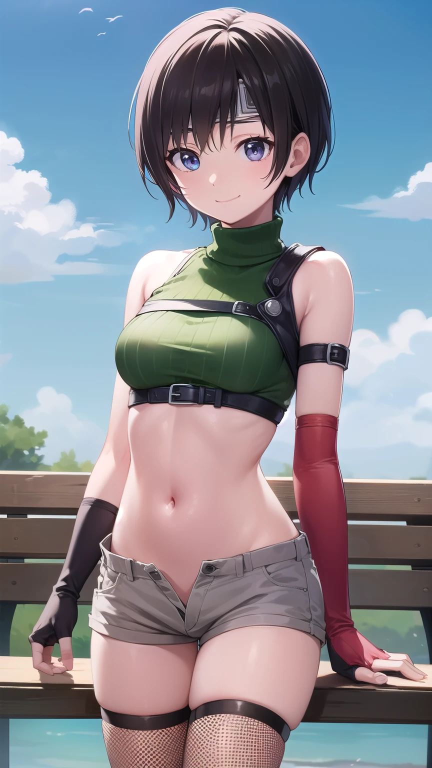 yuffiekisaragi, Yuffie Kisaragi,Haircuts, pixie cut,
壊す crop top, fingerless gloves, fishnet Thighhighs, fishnet, forehead protector, gloves, head band, belly button, short shorts, shorts, single sleeve, single thigh high, No sleeve, No sleeve turtleneck, Thighhighs, turtleneck,
bench、blue sky、smile