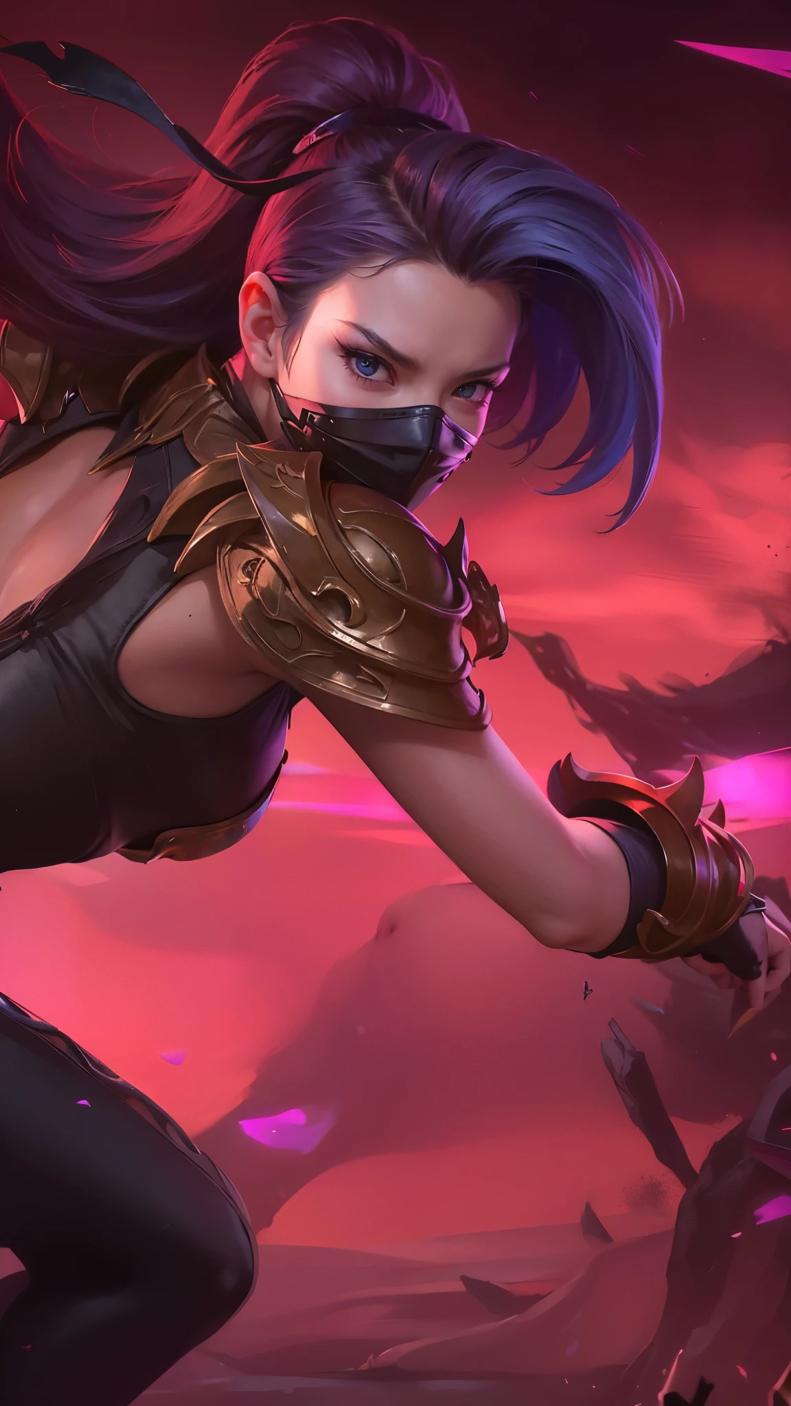 (female:1.2), 8k, ultra hd, ultra detailed texture, hyper realistic, masterpiece, detailed texture, detailed face, detailed skin, detailed lighting, (photorealistic:1.5), best quality, beautiful lighting, cinematic lighting, professional lighting, ultra highres, realistic, detailed hair, real hair, high quality, (realskin:1.5), extremely detailed, finely detail, ultra-detailed, 1girl, solo, elf, pointy ears, standing, demon horns, forehead protector, blue eyes, v-shapped eyebrow, make up, pretty, beautiful, long hair, blue hair, high ponytail, large breasts, cleavage, armpit, navel, stomach, black armor, pauldrons, bare shoulders, shoulder armor, thigh high, sleevless, detached sleeves, breastplate, gauntlets, hanabi \(mobile legends\), depth of field, white skin, skin tight, amazing pose, outdoors, glowing, dark view, looking at viewer (wearing a mask:1.2)