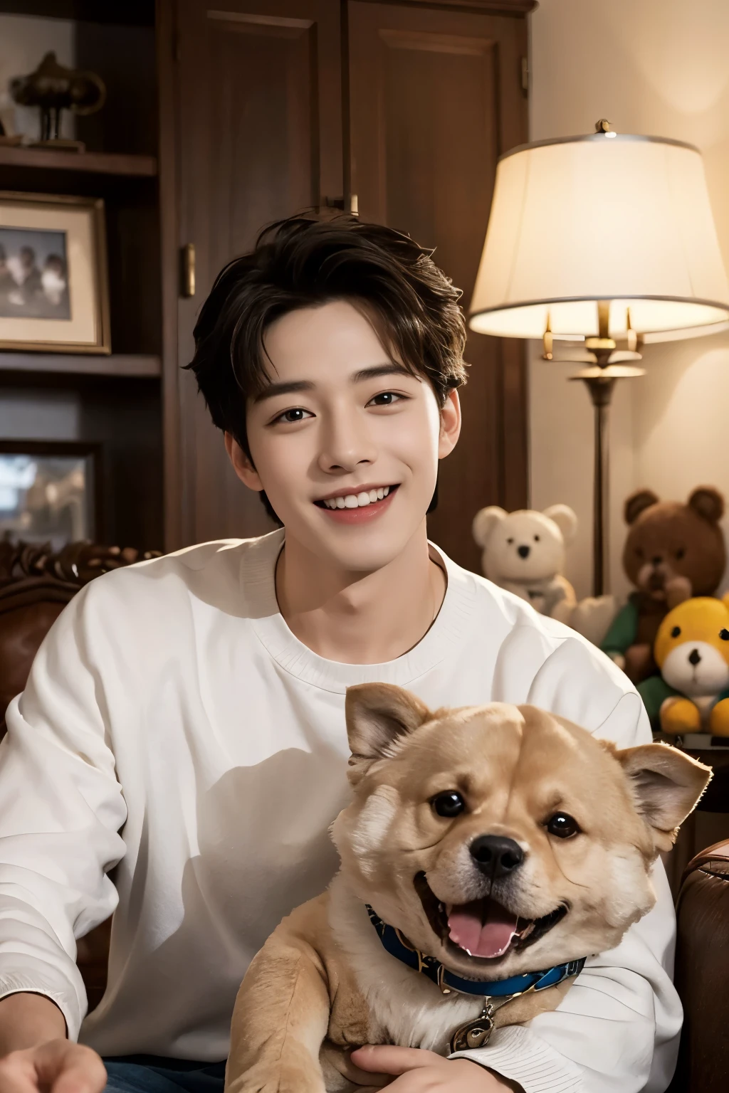 A handsome man in a gorgeously decorated room. highest quality, masterpiece, ultra high resolution Looking at me and smiling Multiple cute stuffed animals with very emotional expressions Smiling with wide open mouth