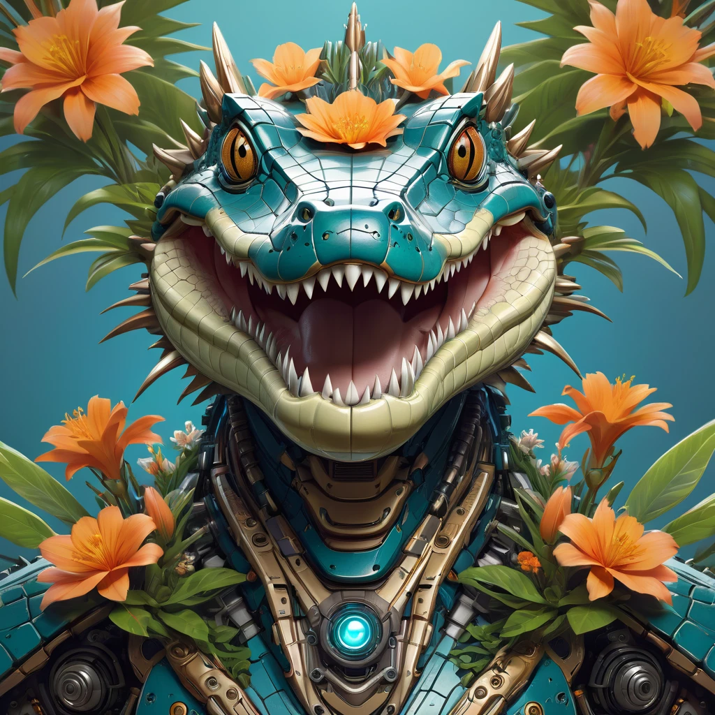 Symmetry, aesthetic, extremely detailed, symmetrical, Symmetry!! portrait of a robot crocodile, floral! horizon zero dawn machine, intricate, elegant, highly detailed, digital painting, artstation, concept art, smooth, sharp focus, illustration, art by artgerm and greg rutkowski and alphonse mucha, 8 k