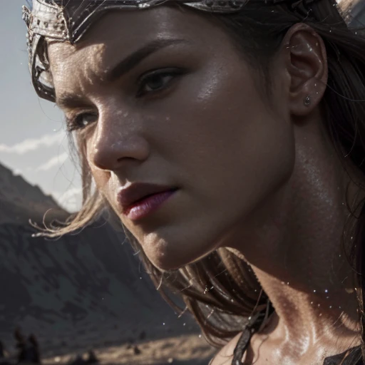 (best quality, 4k, 8k, high resolution, masterpiece: 1.2), ultra-detailed, (realistic, photorealistic, photorealistic: 1.37), Caucasian woman, triangular face, determined, Viking, warrior, center of image, Cinematic: the black and white image, strong character, fierce expression, muscular physique, long flowing hair, thick braids, fur cape, armor worn in battle, silver Nordic helmet, intricate engravings, broadsword, shield, conquering the enemy , intense battle scene, smoke and dust, moonlit night, dramatic shadows, epic atmosphere, heroic pose.