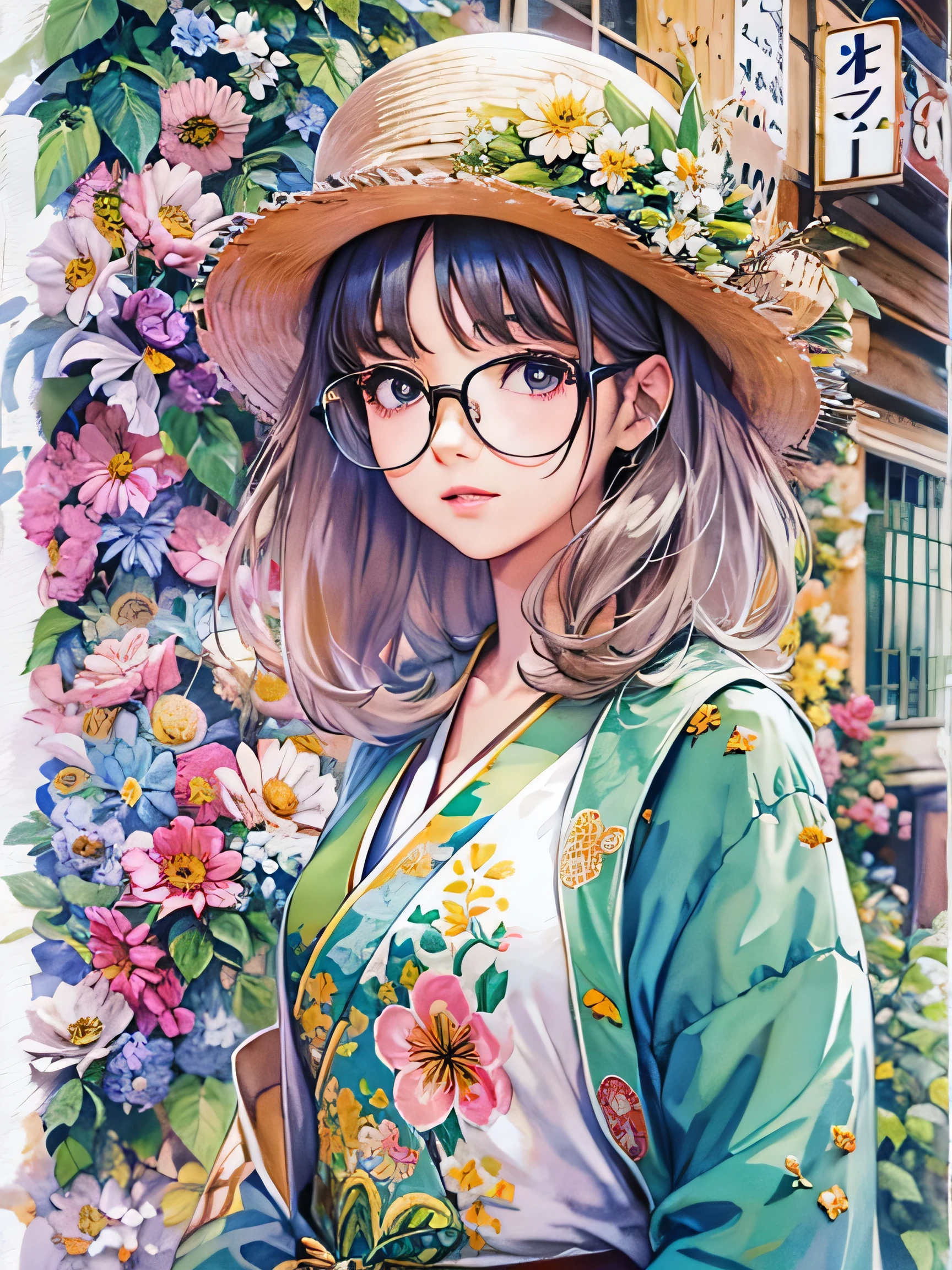 8K quality, watercolor painting, stylish design, (((The strongest beautiful girl of all time))), (((Japanese)))、AKB48、stylish glasses, Fashionable hats, (((highest quality))), bob hair, HDR, ((Detailed details)), stylish fashion, detailed clothing texture, (((spring street corner))), colorful hair, ((masterpiece))、((Super detailed))、colorful flowers、