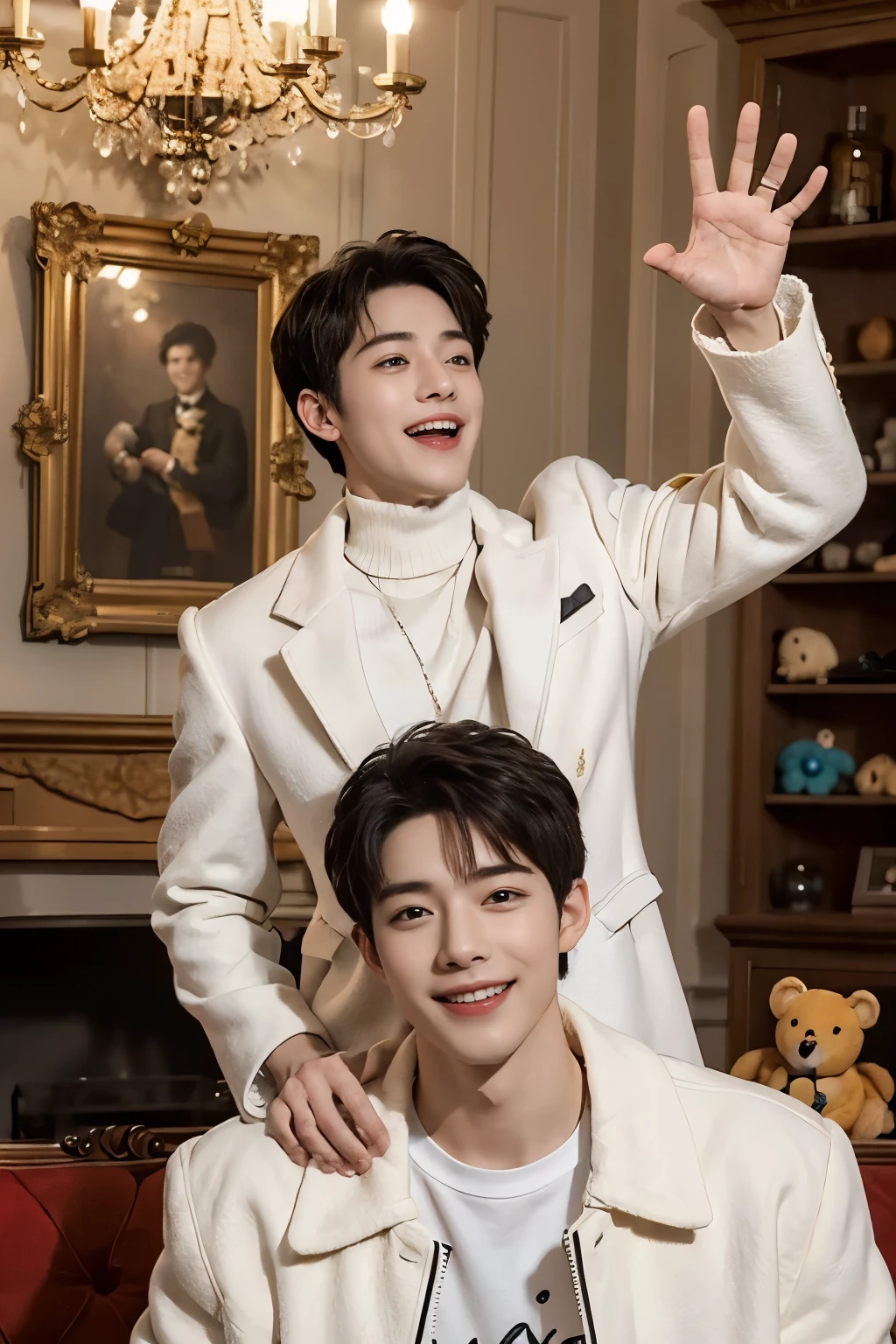 A handsome man in a gorgeously decorated room. highest quality, masterpiece, ultra high resolution 　Looking at me and smiling　Multiple cute stuffed animals with very emotional expressions　Smiling with wide open mouth