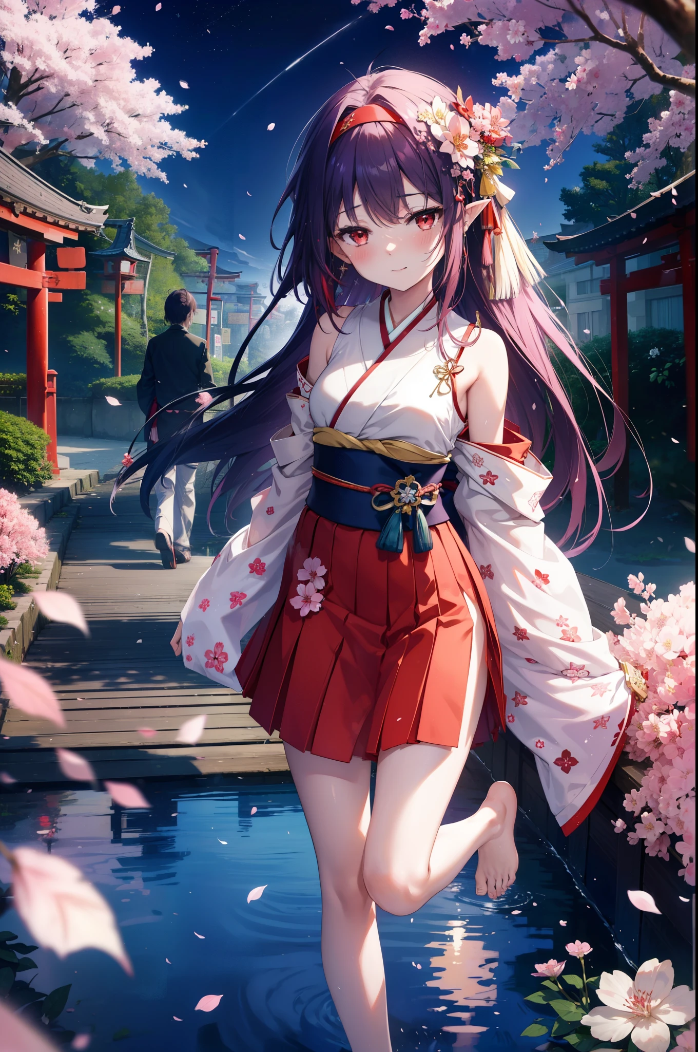 yuukikonno, Yuki Konno, hair band, long hair, pointed ears, purple hair, (red eyes:1.5), (small breasts:1.2), blush,smile,open your mouth,pink floral pattern yukata,mini skirt,barefoot,Zori sandals,SakuraFubuki,Cherry blossom tree-lined path,night festival,moonlight,Red lantern,stall,
break looking at viewer, Upper body, whole body,
break outdoors, shrine,torii,
break (masterpiece:1.2), highest quality, High resolution, unity 8k wallpaper, (figure:0.8), (detailed and beautiful eyes:1.6), highly detailed face, perfect lighting, Very detailed CG, (perfect hands, perfect anatomy),