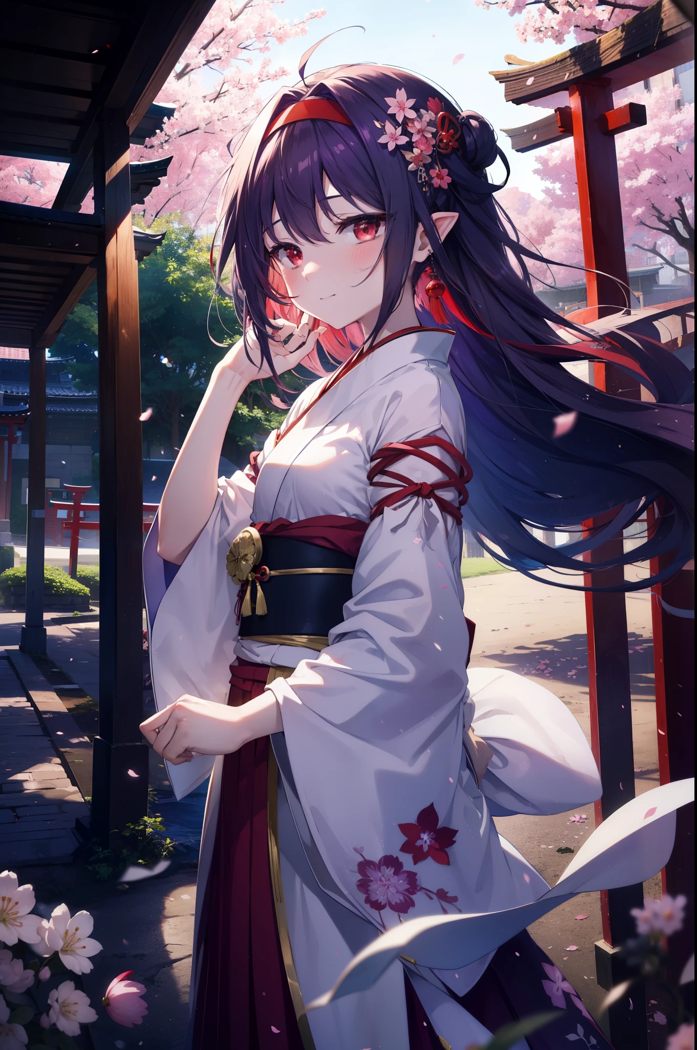 yuukikonno, Yuki Konno, hair band, long hair, pointed ears, purple hair, (red eyes:1.5), (small breasts:1.2), blush,smile,open your mouth,pink floral pattern yukata,mini skirt,barefoot,Zori sandals,SakuraFubuki,Cherry blossom tree-lined path,night festival,moonlight,Red lantern,stall,
break looking at viewer, Upper body, whole body,
break outdoors, shrine,torii,
break (masterpiece:1.2), highest quality, High resolution, unity 8k wallpaper, (figure:0.8), (detailed and beautiful eyes:1.6), highly detailed face, perfect lighting, Very detailed CG, (perfect hands, perfect anatomy),