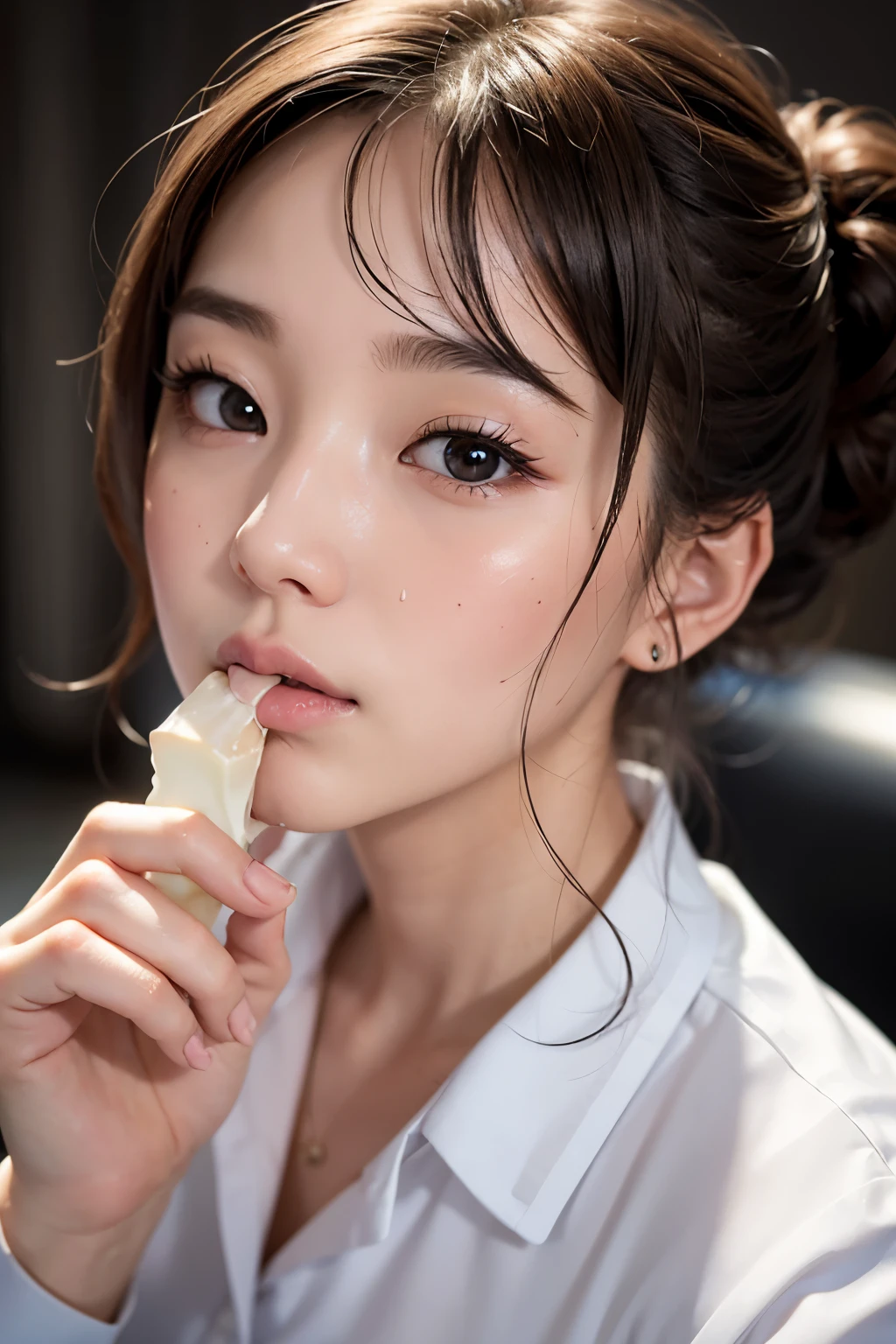 nsfw, (blowjob:1.3)、(big penis:1.1), (white mucus all over the face:1.5), touching the penis gently, (masterpiece:1.3)、Super detailed finish、(High resolution、8k:1.3)、(highest quality、Super realistic like a photo:1.5)、sharp focus, ultra high definition face、Face is in focus、Ultra high definition and beautiful eyes、focused eyes、close up on face、Eyes are symmetrical:1.3、High-definition and beautiful skin、firm skin、Ultra high definition hair texture、Japanese high school girl、17 years old、hair bun, (business suit:1.3)、office、(embarrassed:1.3), (blush:1.3), (Strange look:1.3), Mr.々shooting angle:1.3, looking at viewer:1.3