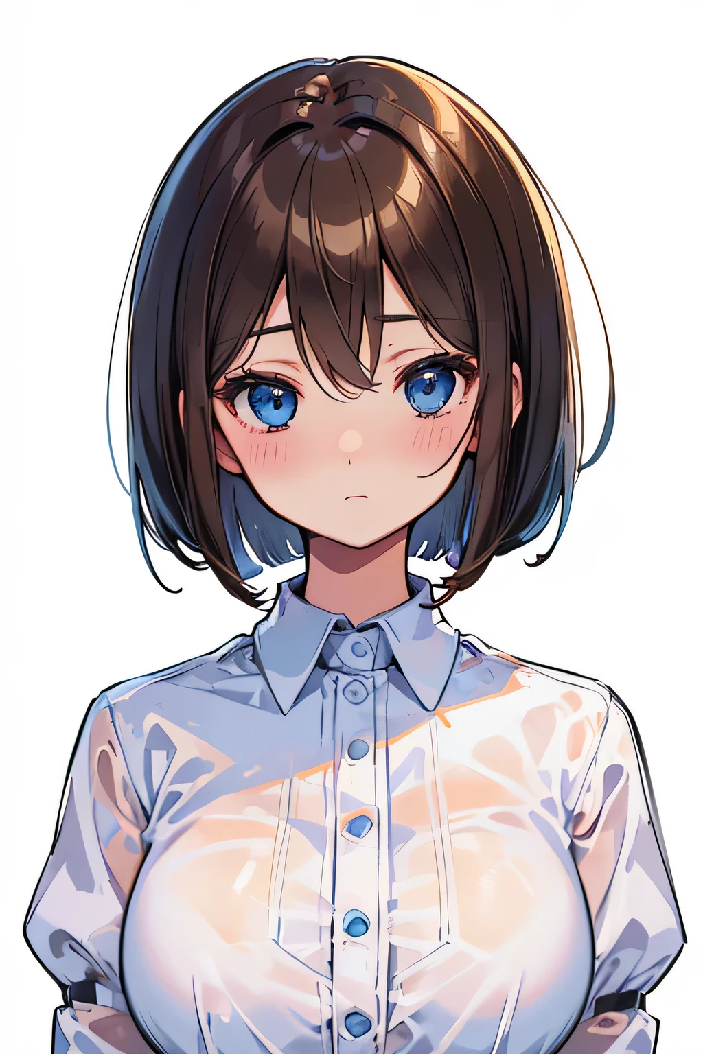 (highest quality), (Super detailed), (Best Illustration), (beautiful girl), (((from before))), (Upper body), (white collared shirt), (big breasts), brown hair, bob cut, hair between eyes, messy hair, The whole face turns red, blue eyes, ((white background)),