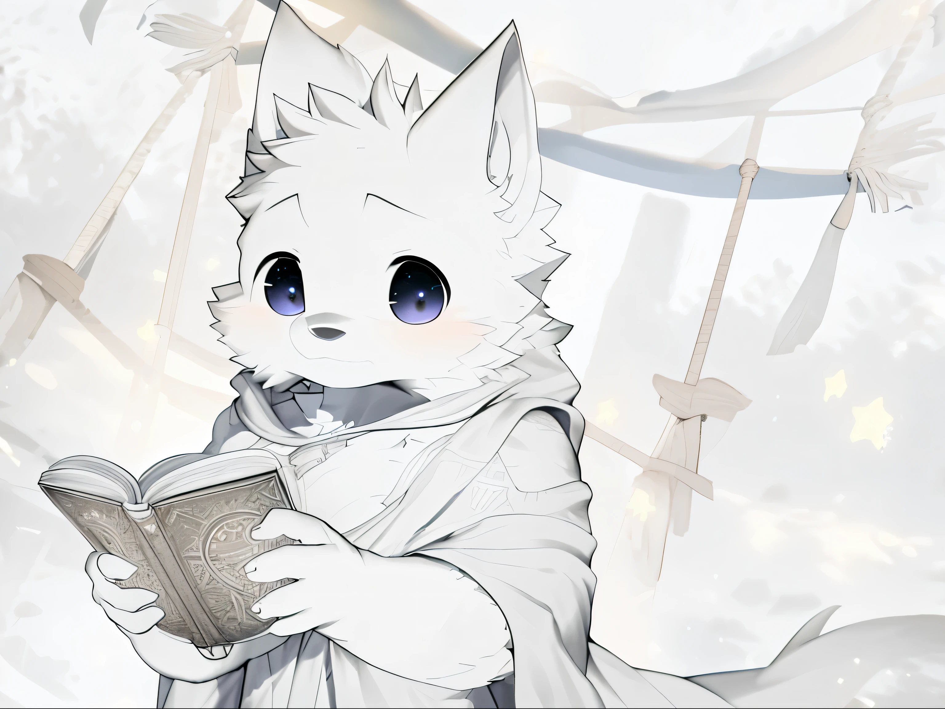 masterpiece, high quality portraits, 3D realistic CG, 16k, dramatic lighting, intricate details, dough, hairy的猫male, hairy, white and blackhairy, (ager), Only men, Star, dusk, hammock,wizard robes,Eye,紫色和红色Eye,holding a magic book,When using magic, (beach top),In a trance,Award-winning, best quality, high resolution,short hair,not exposed,starlight,magic effect