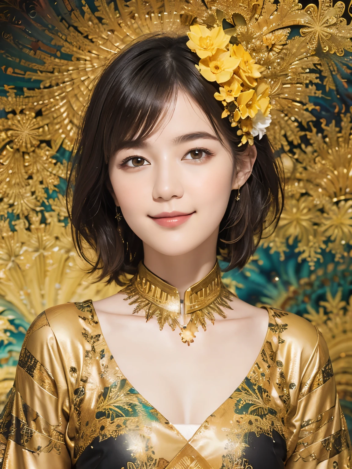 177 Short hair, 20 year old woman, gentle smile, (abstract background,fractal art:1.46)