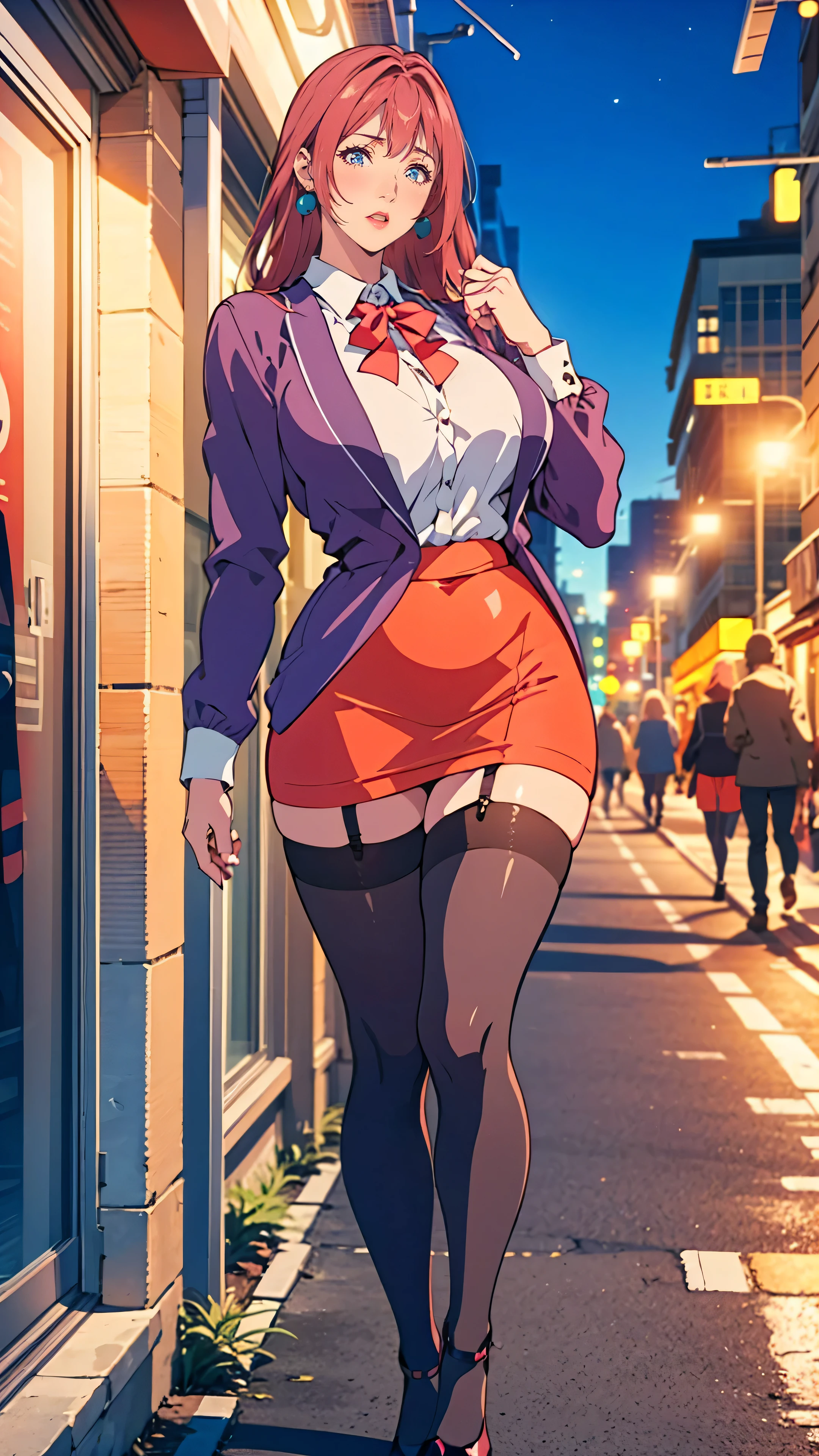 (highest quality, Super detailed, anime images, game CG, art CG, realistic, movie lighting, perfect shadow, realistic lighting shading, unity 8k wallpaper), redhead,,big breasts,long hair,mature woman,(purple eyes), perfect eyes, perfect face, earrings, white see-through shirt, purple jacket, black stockings, (purple garter belt:1.1), zettai ryouiki, red pencil skirt, school uniform, high heels,blush your nose,sexy pose,(((downtown at night)))、yawning woman、(((whole body)))、Old man behind woman