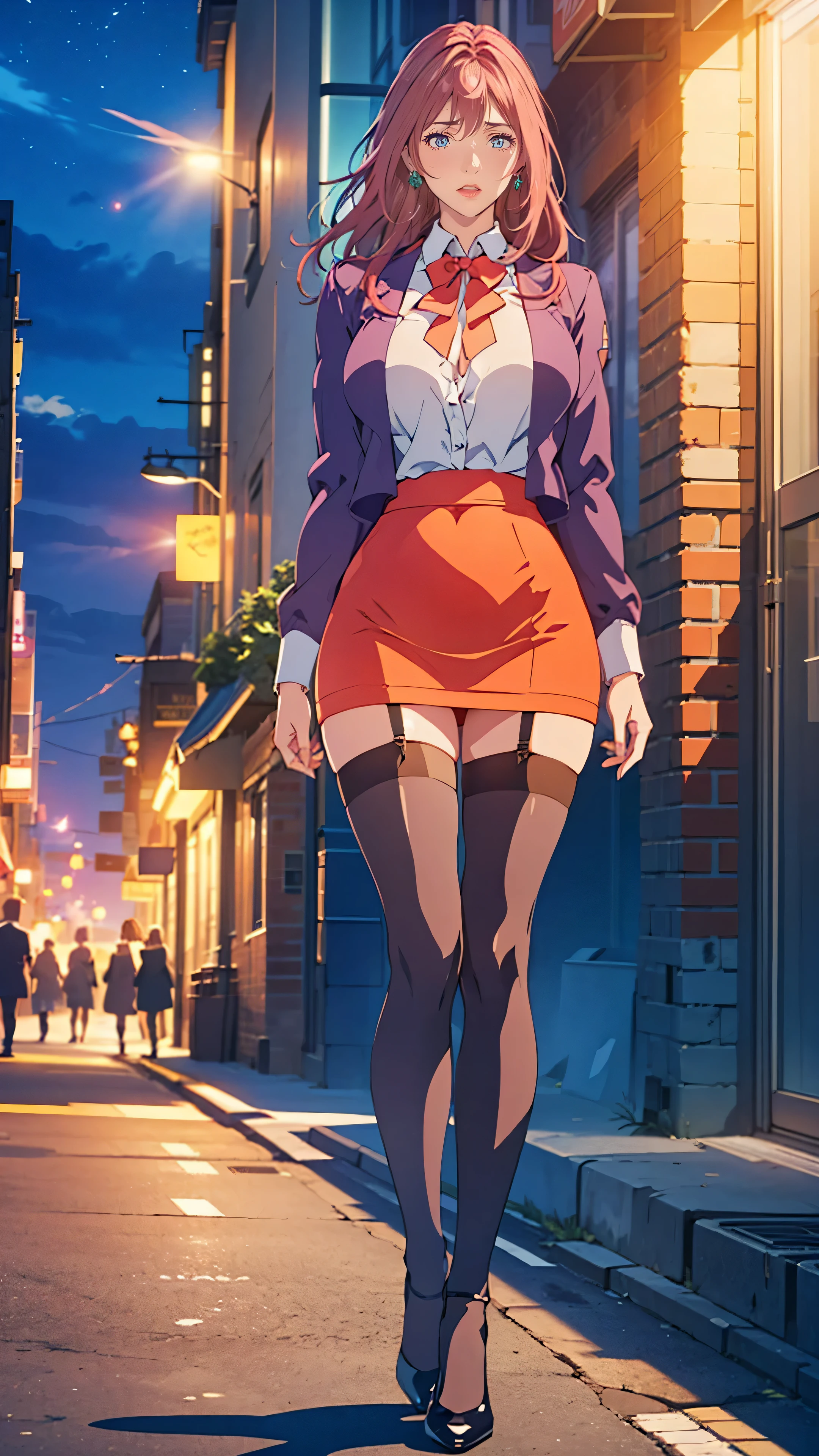 (highest quality, Super detailed, anime images, game CG, art CG, realistic, movie lighting, perfect shadow, realistic lighting shading, unity 8k wallpaper), redhead,,big breasts,long hair,mature woman,(purple eyes), perfect eyes, perfect face, earrings, white see-through shirt, purple jacket, black stockings, (purple garter belt:1.1), zettai ryouiki, red pencil skirt, school uniform, high heels,blush your nose,sexy pose,(((downtown at night)))、yawning woman、(((whole body)))、Old man behind woman