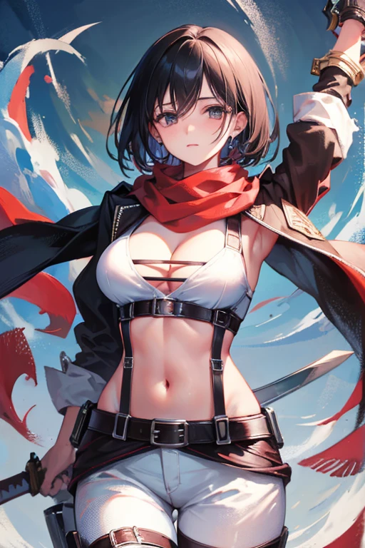 plan, Mature woman&#39;s masterpiece, highest quality, High resolution, short hair, black eye, scarf, symbol, belt, thigh strap, red scarf, white pants, brown jacket, long sleeve,button, cleavage, weapon with big chest, sword, Er Dao Liu, Three-dimensional mobile device, open your arms, stand on one leg, wide shot, null, highest quality, High resolution.