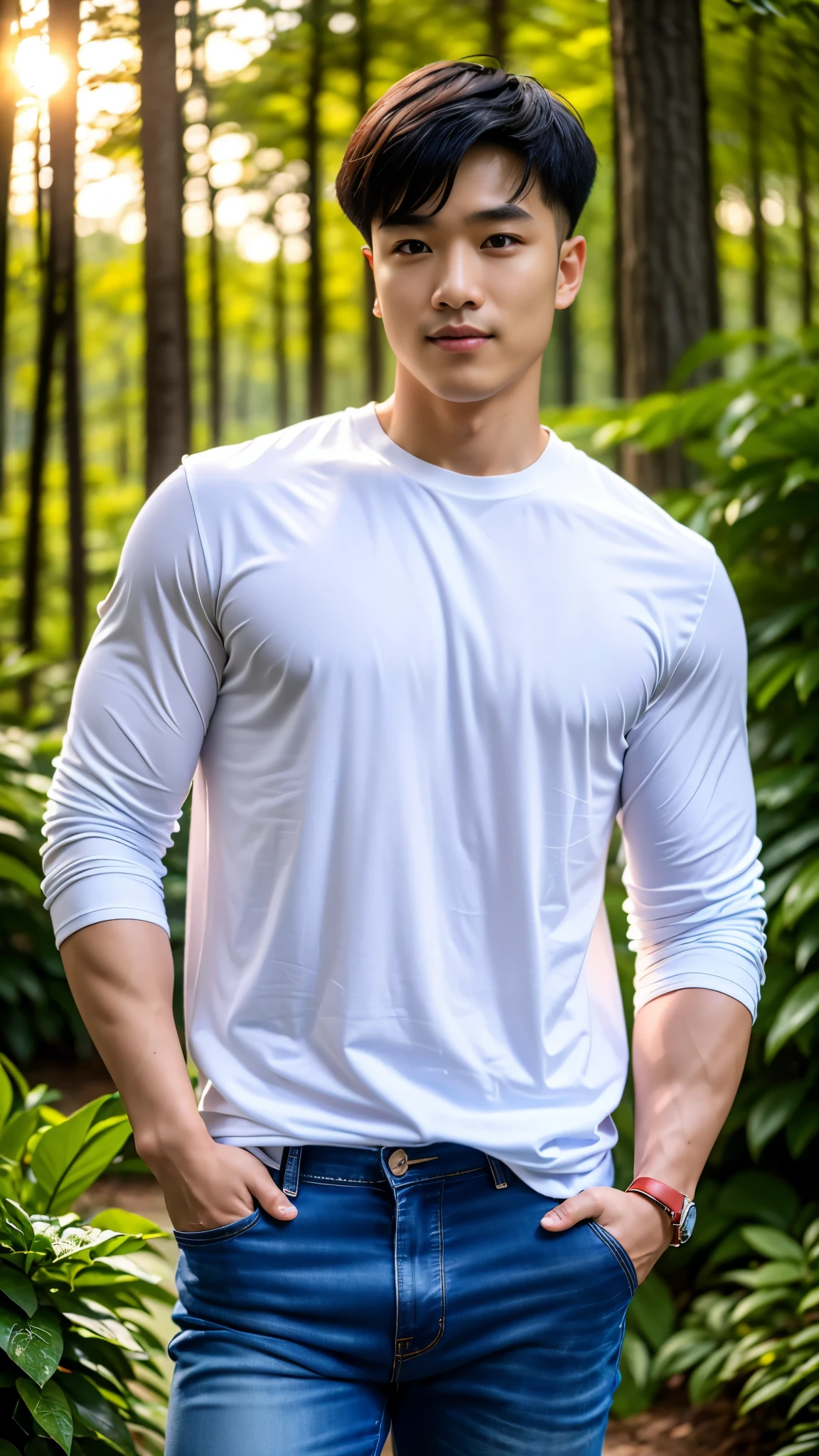 Masterpiece, best quality, High quality, วอลล์เปเปอร์ CG unity 8k ที่มีvery detailed, depth of field, HDR,,ภาพrealistic,very detailed, 1 man smiling, Asia, black short hair, (Wear a white t-shirt, blue jeans jacket), chest muscles, Big arm muscles, blood vessel, big muscles, Broad shoulders, looking at the audience, Balancing the eyes, professional photography, advertising shoot, face looking at camera, Portrait from the side, realistic, with the sunset atmosphere,Walking into the forest with a camera