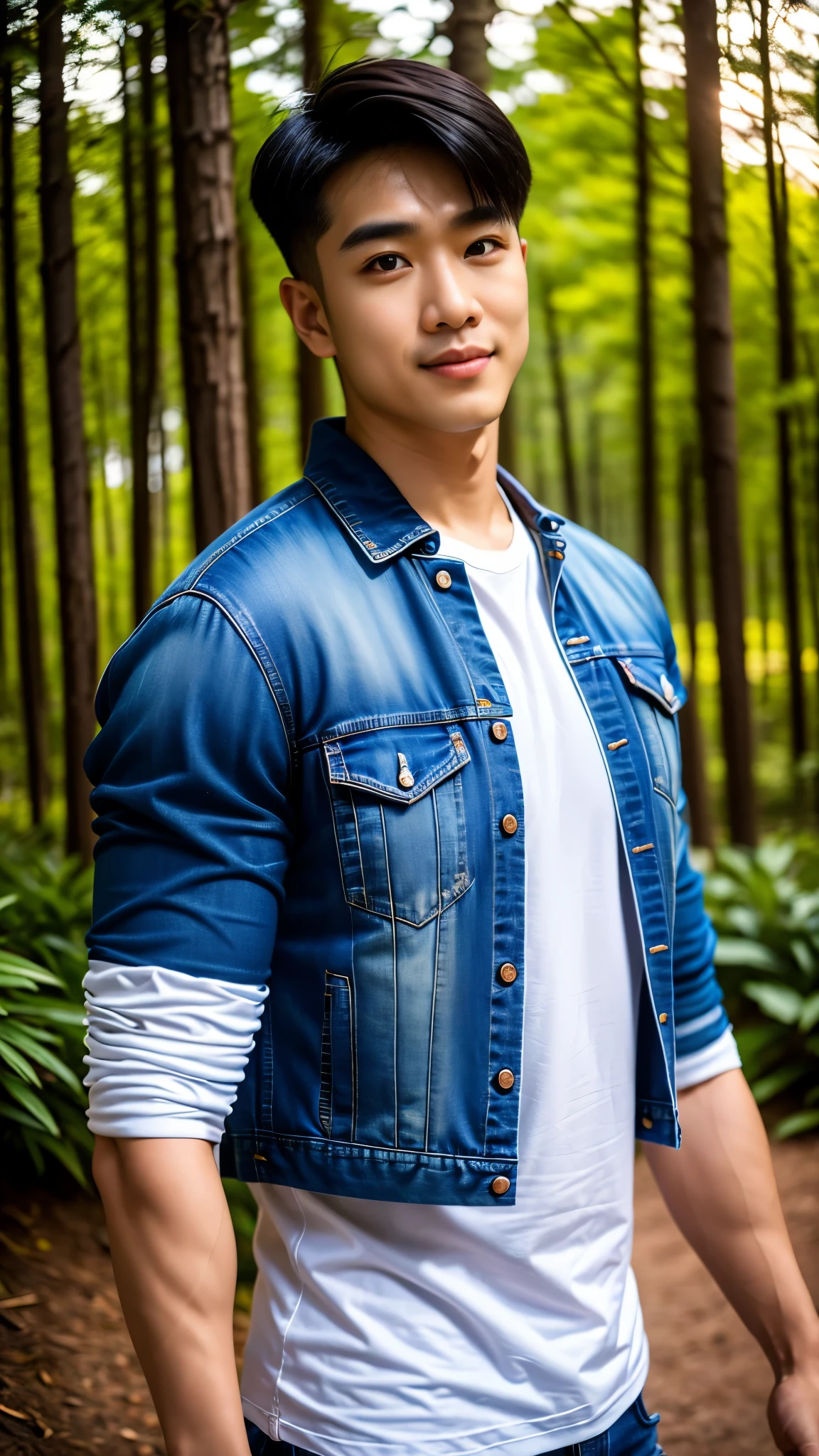 Masterpiece, best quality, High quality, วอลล์เปเปอร์ CG unity 8k ที่มีvery detailed, depth of field, HDR,,ภาพrealistic,very detailed, 1 man smiling, Asia, black short hair, (Wear a white t-shirt, blue jeans jacket), chest muscles, Big arm muscles, blood vessel, big muscles, Broad shoulders, looking at the audience, Balancing the eyes, professional photography, advertising shoot, face looking at camera, Portrait from the side, realistic, with the sunset atmosphere,Walking into the forest with a camera