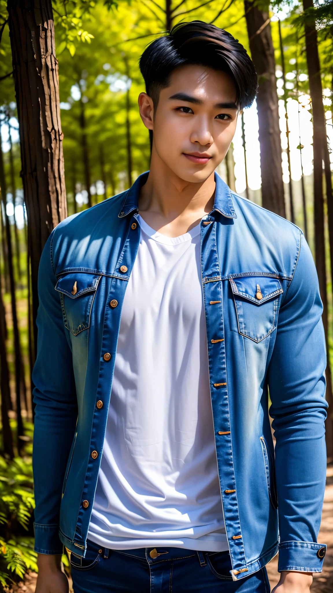 Masterpiece, best quality, High quality, วอลล์เปเปอร์ CG unity 8k ที่มีvery detailed, depth of field, HDR,,ภาพrealistic,very detailed, 1 man smiling, Asia, black short hair, (Wear a white t-shirt, blue jeans jacket), chest muscles, Big arm muscles, blood vessel, big muscles, Broad shoulders, looking at the audience, Balancing the eyes, professional photography, advertising shoot, face looking at camera, Portrait from the side, realistic, with the sunset atmosphere,Walking into the forest with a camera