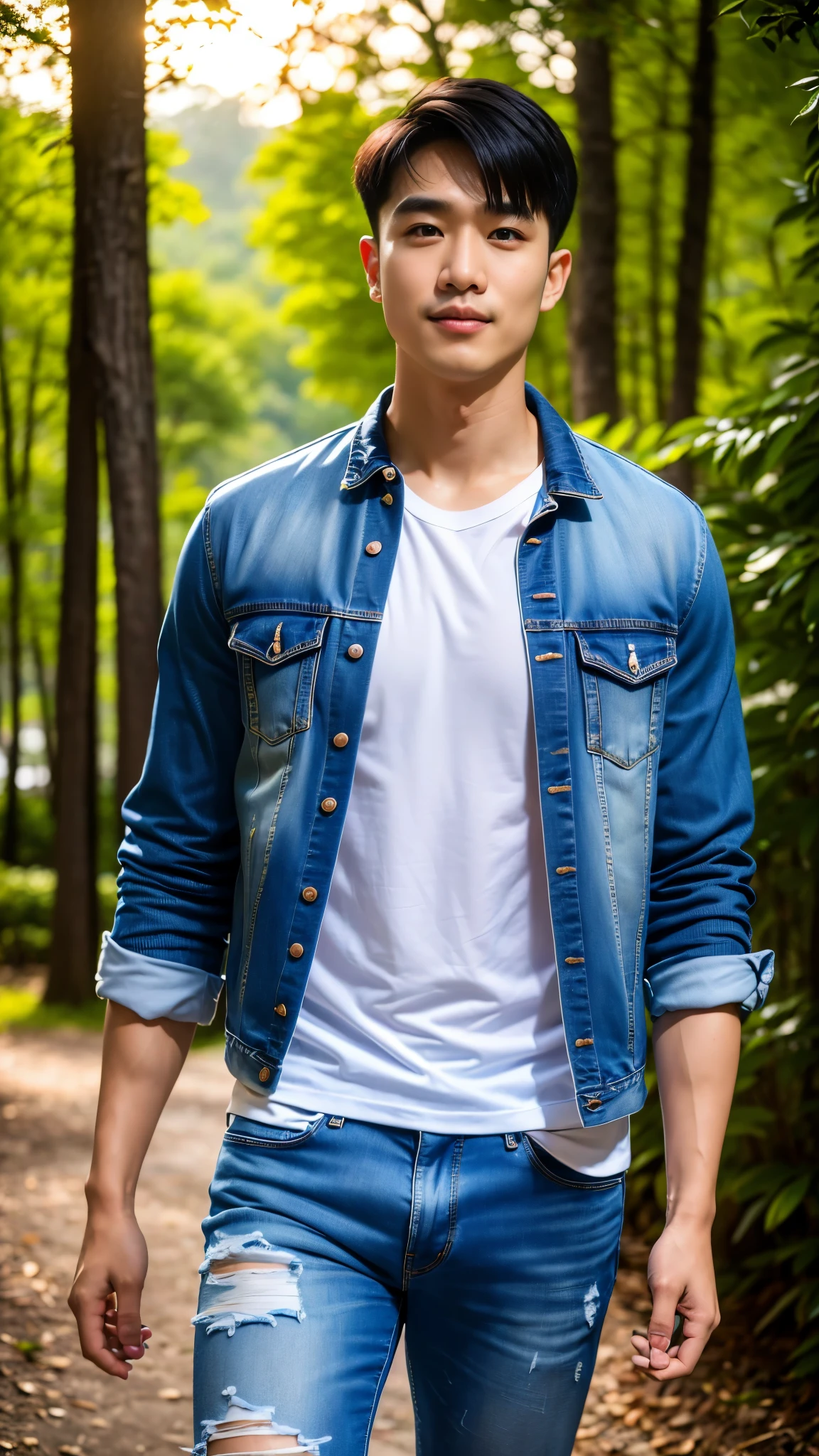Masterpiece, best quality, High quality, วอลล์เปเปอร์ CG unity 8k ที่มีvery detailed, depth of field, HDR,,ภาพrealistic,very detailed, 1 man smiling, Asia, black short hair, (Wear a white t-shirt, blue jeans jacket), chest muscles, Big arm muscles, blood vessel, big muscles, Broad shoulders, looking at the audience, Balancing the eyes, professional photography, advertising shoot, face looking at camera, Portrait from the side, realistic, with the sunset atmosphere, Walking into the dark forest with a camera