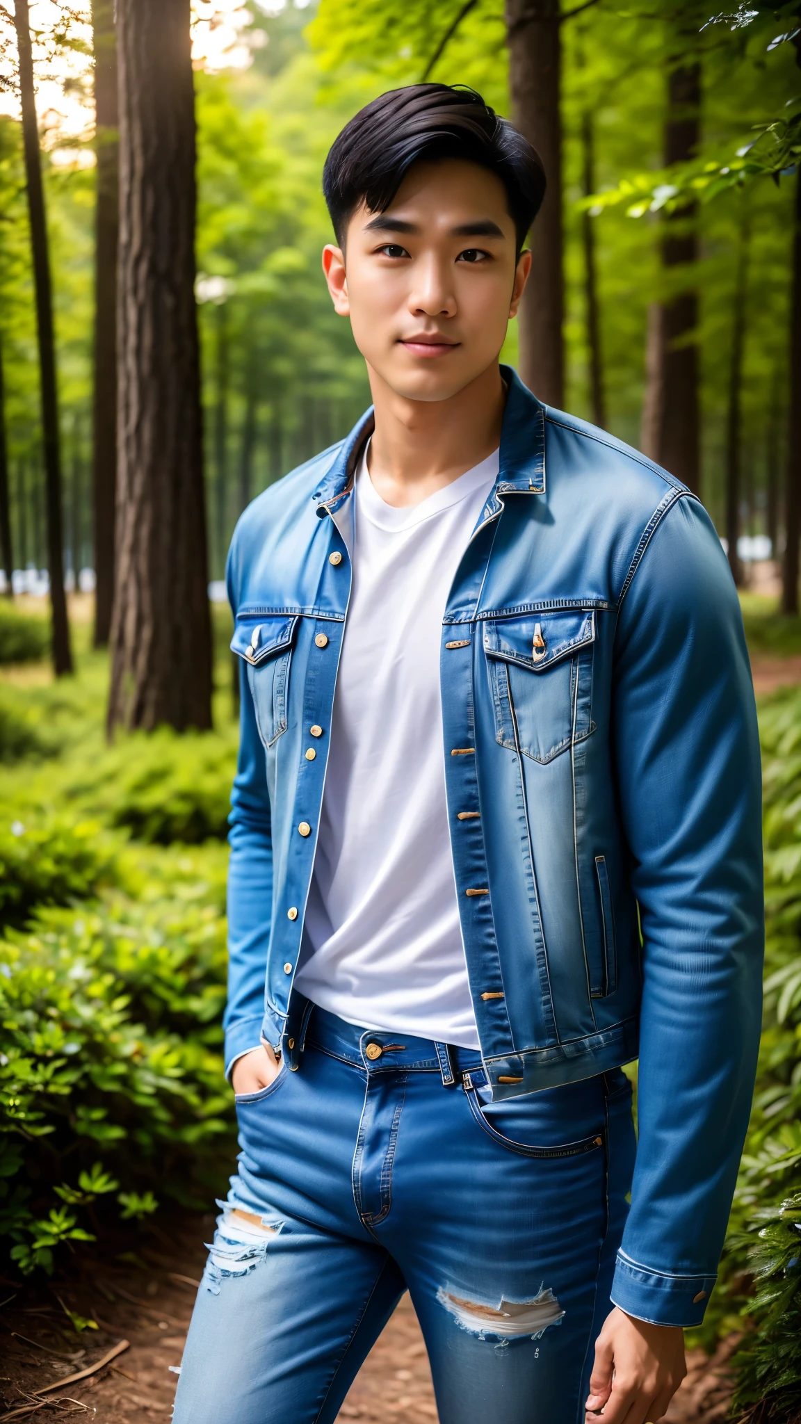 Masterpiece, best quality, High quality, วอลล์เปเปอร์ CG unity 8k ที่มีvery detailed, depth of field, HDR,,ภาพrealistic,very detailed, 1 man smiling, Asia, black short hair, (Wear a white t-shirt, blue jeans jacket), chest muscles, Big arm muscles, blood vessel, big muscles, Broad shoulders, looking at the audience, Balancing the eyes, professional photography, advertising shoot, face looking at camera, Portrait from the side, realistic, with the sunset atmosphere, Walking into the dark forest with a camera