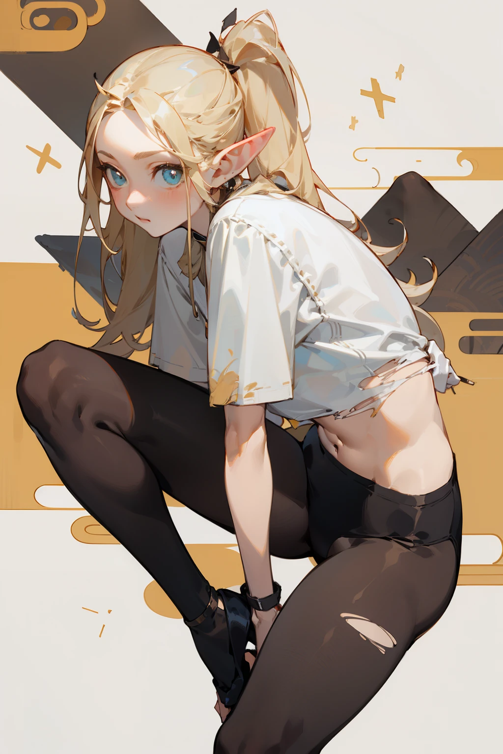 (masterpiece, best quality) detailed, Wearing black tights, silver accessories , blonde ,elegant, pointed ears ，Chinese element pattern，White shirt，torn clothes，bikini