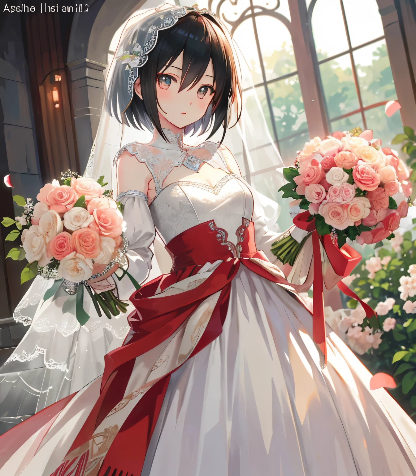 masterpiece:1.2, best quality), actual, (real picture, intricate details, depth of field), (1 girl, alone), cosmetic, open lips, Very detailed, perfect face, (Dentate skin), Thick thighs, wide hips, small waist, High, glossy coral lip,, (One wearing a wedding dress、girl holding flowers in hands )), Sexy, blush, Mikasa from AOT
