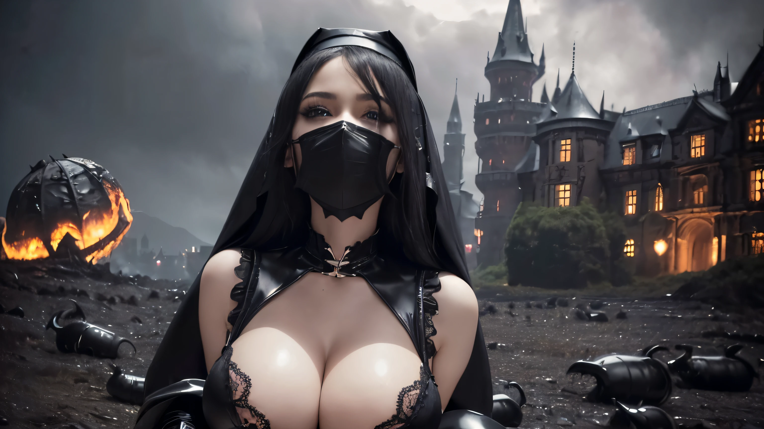 ((best quality)), ((masterpiece)), 8k, (detailed), perfect face, (((Big tits))), hot young busty girl, black lava outfit, stocking, black latex slime, (( long length hair)), ((detailed eyes)), lightning in the background, ((dark horror castle in the background, (flying dragon in a background), black damaged corset, latex lingerie, (nun costume), venom, black dark venom, ((black lacy brassiere)), perfect detailed , (detailed eyes), ((((it is photographed from the front)))), black latex, erotic pose, long white hair, detailed eyes, ((from above)), (((she push her  out))), ((good anatomy)), (((hot big tits on focus))), (()), ((visible corset)), ((vampire)), ((wearing a black mask))