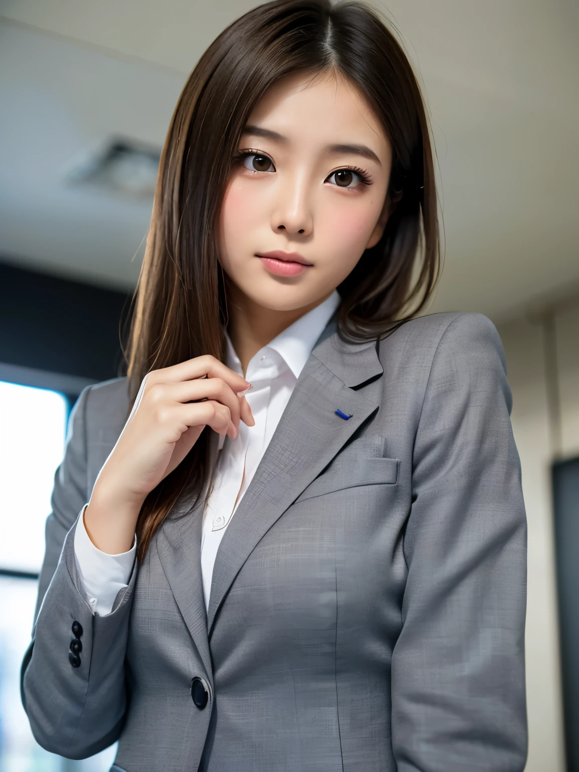 nsfw, Licking my penis:1.2, (big penis:1.1), touching the penis gently,  (masterpiece:1.3)、Super detailed finish、(High resolution、8k:1.3)、(highest quality、Super realistic like a photo:1.5)、sharp focus, ultra high definition face、Face is in focus、Ultra high definition and beautiful eyes、focused eyes、close up on face、Eyes are symmetrical:1.3、High-definition and beautiful skin、firm skin、Ultra high definition hair texture、Japanese high school girl、17 years old、half updo,  (business suit:1.3)、office、(embarrassed:1.3), (blush:1.3), (Strange look:1.3), Mr.々shooting angle:1.3, looking at viewer:1.3