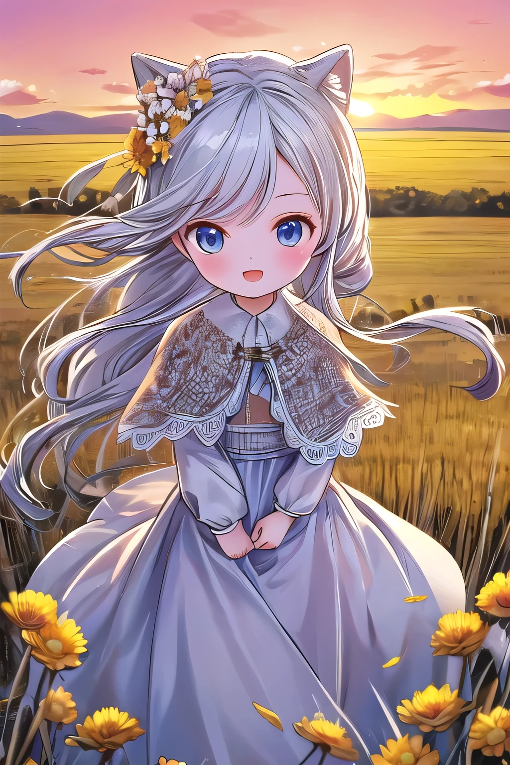 (drawn by Lynn Okamoto),center frame, sharp focus, (panorama, wide shot), best quality, masterpiece, extremely detailed, detailed background, (from above:1.2), 1girl, catgirl,solo,****,blue eyes,white hair, closed one eye, smile, open mouth, skirt, long hair, wavy hair, on side, fluffy hair, , french , blush, smile, capelet, lace trim, bodice, sunset, long dress, dusk, scenery, gold sky, high place, horizon, wheat field, wheat ears, wind, wind blow, looking at viewer, (depth of field), bokeh, (holding a flower:1.3), (holding:1.2),(medium):0.5,