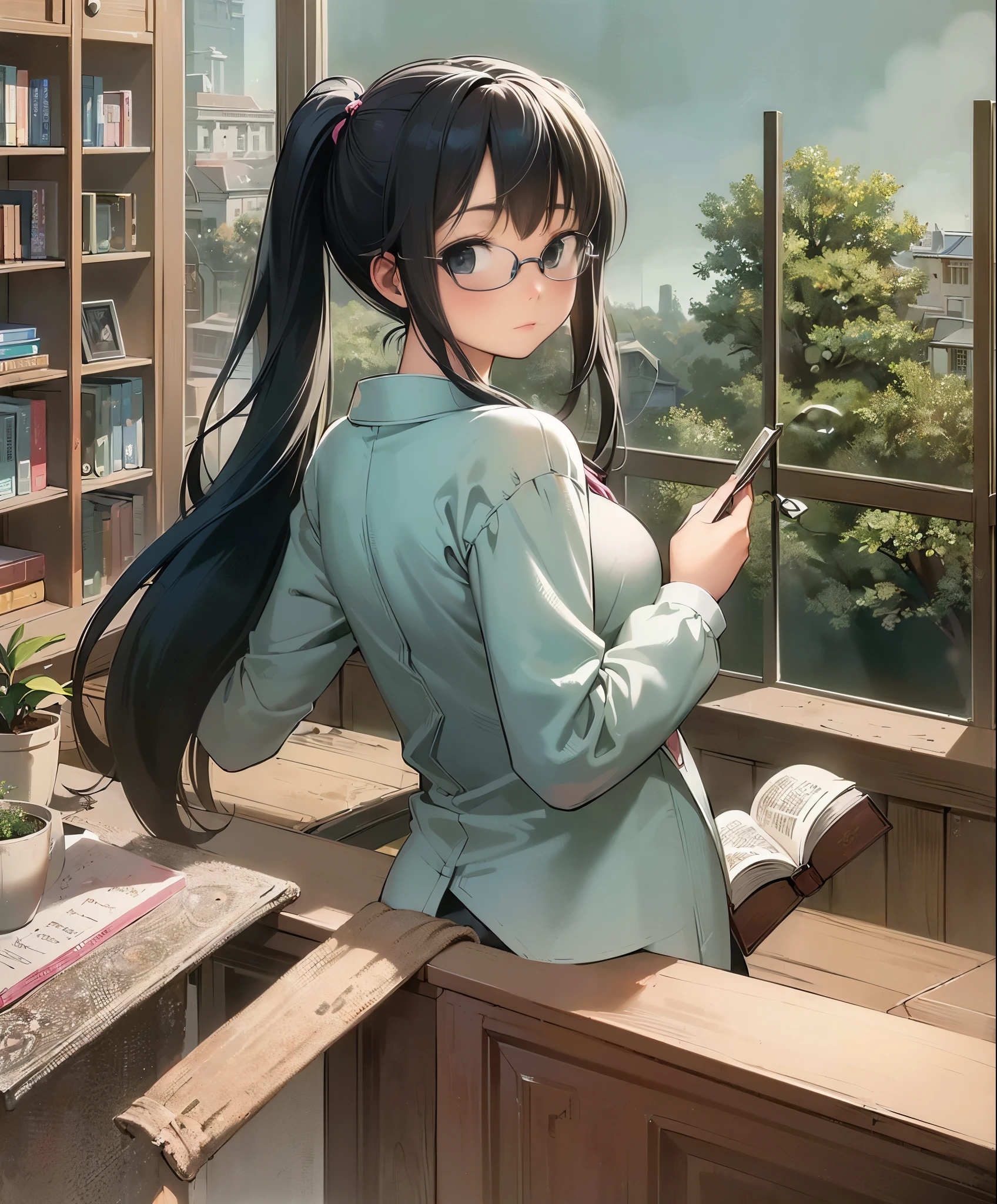 (masterpiece、highest quality、highest quality、official art、beautiful beautiful:1.2)、(1 girl:1.3)Hatsune Miku、twin tails,big breasts,(Portrait of a female college student wearing round glasses, wearing a blouse, have a book, standing in a library with bookshelves, window, dictionary, encyclopedia, and potted plants, It feels scientific)