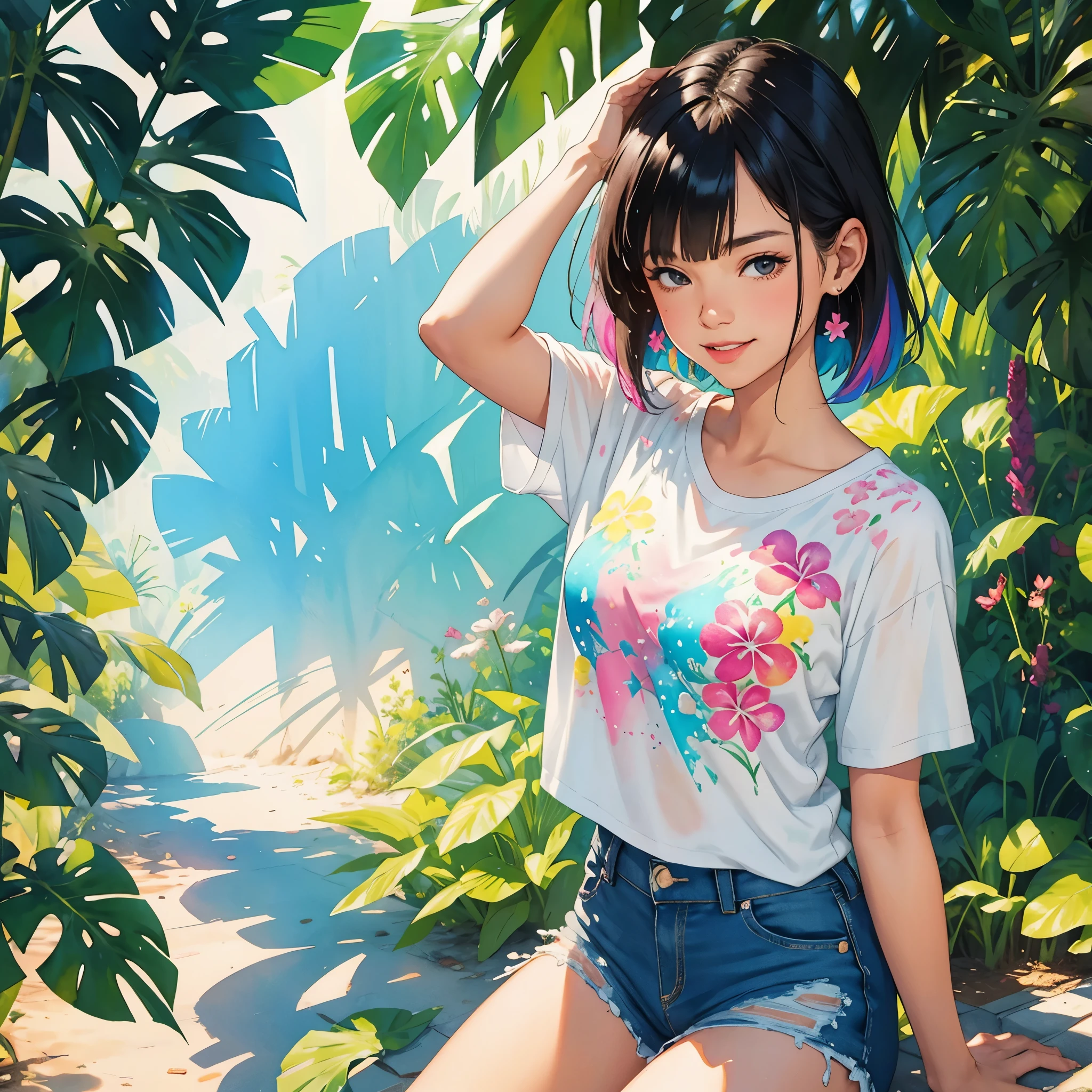 a Plumeria painting with a splatter background and spray paint effect, by Adam hughes, plumeria flower design t-shirt and jean shorts, upper body centered, multi-color hair, closed eyes, big happy smile, watercolor art,  watercolor painting, watercolor painting style, watercolor detailed art, watercolor digital painting, watercolor paint, masterfully detailed watercolor, watercolor art