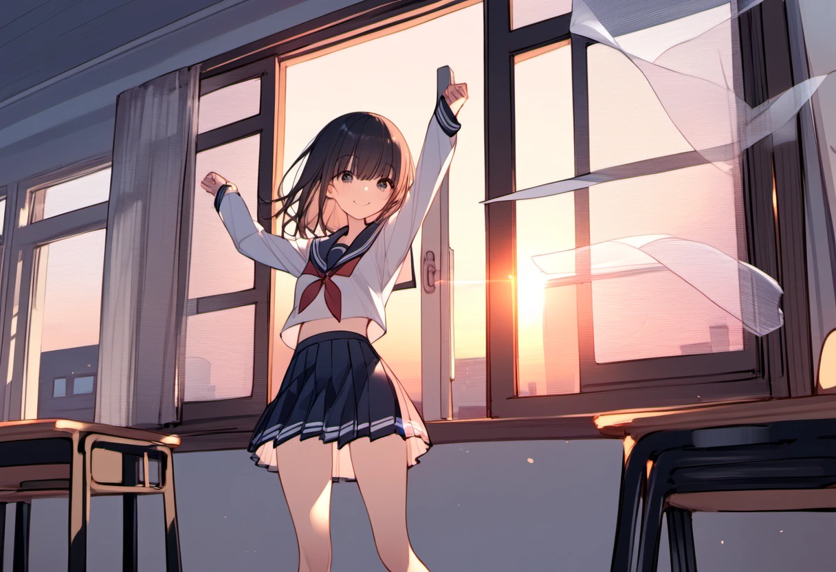 1girl, black hair、black eye、sailor suit、Japanese、classroom、sunset、emotional、stand near the window、standing pose、Look at me and smile、Backlight、smile、fluttering in the wind、the window is open、An unbroken masterpiece