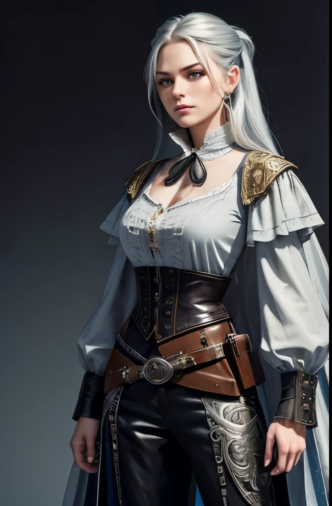 dnd female character, young adult human, gunslinger class, 2 ornate pistols, flowy Victorian blouse with trousers and leather details, silvery hair
