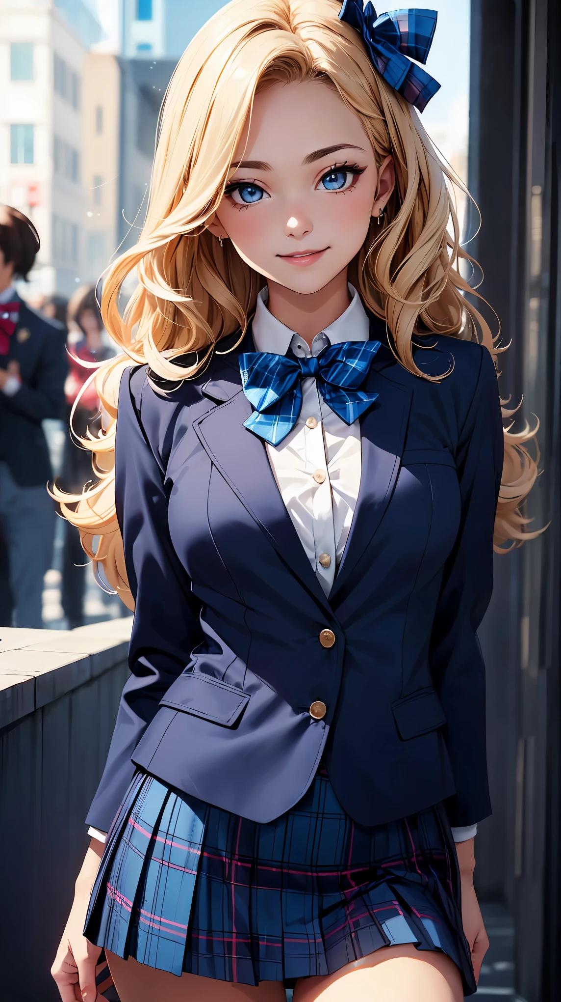 concept:A portrait of a beautiful woman。 quality:(最高quality, 4k, High resolution, masterpiece:1.2), Super detailed, (real, photorealistic:1.37), illumination:cinematic light, Bright colors and mesmerizing effects, 柔らかく繊細なillumination, gentle shine, Lens flare, Subject information:alone, ((young woman)), (narrow eyes), (small face), (high detail skin:1.2), long eyelashes, glossy lips, (blonde, long wavy hair, blue eyes), slim body shape:1.4, Highly detailed face and skin texture, (Happy smile:1.2), facing the front:1.2, photo shootのためポーズをとる, (((blue bow tie, high school uniform:1.2, dark blue jacket, open jacket, white shirt, deep blue plaid skirt, seductive thighs))), Other details:after school:1.5, standing pose:1.2, beautiful skin, shiny skin, perfect fingers, five fingers, anatomically correct, background bokeh, Lens flare, 500㎜, f/4, photo shoot,