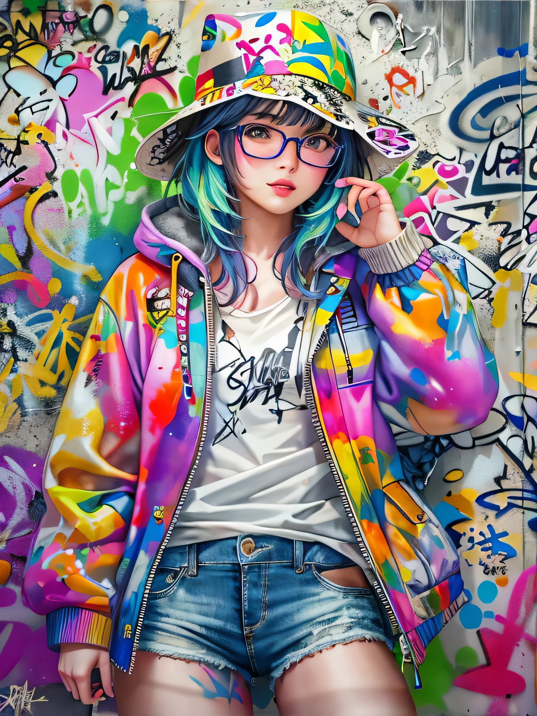 8K quality, watercolor painting, stylish design, (((The strongest beautiful girl of all time))), (((Japanese)))、clear, stylish glasses, Fashionable hats, (((highest quality))), bob hair, Place your hands on the wall, HDR, ((Detailed details)), stylish fashion, detailed clothing texture, (((graffiti art))), colorful hair, ((masterpiece))、((Super detailed))