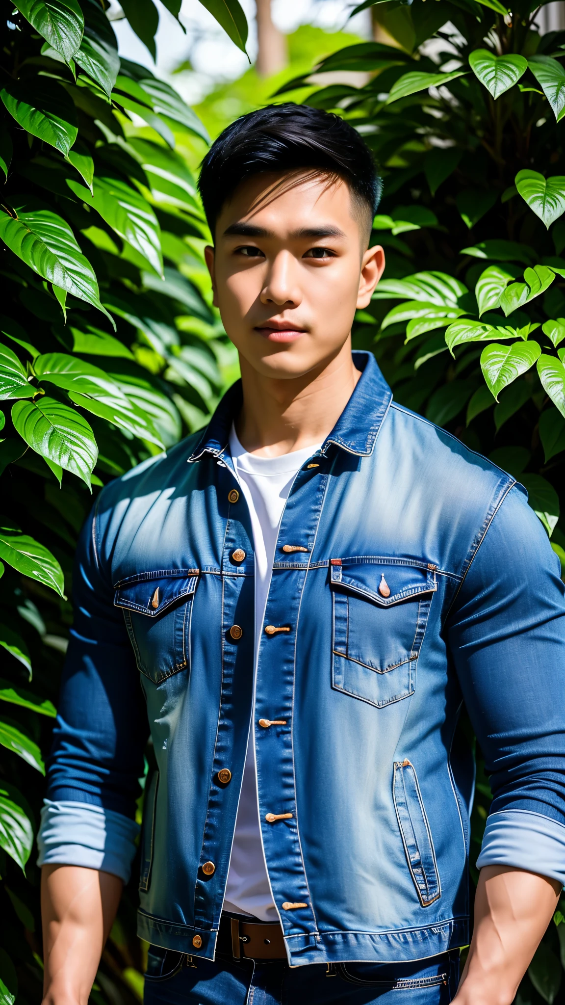 Masterpiece, best quality, High quality, วอลล์เปเปอร์ CG unity 8k ที่มีvery detailed, depth of field, HDR,,ภาพrealistic,very detailed, 1 man smiling, Asia, black short hair, (Wear a white t-shirt, blue jeans jacket), chest muscles, Big arm muscles, blood vessel, big muscles, Broad shoulders, looking at the audience, Balancing the eyes, professional photography, advertising shoot, face looking at camera, Portrait from the side, realistic, with the sunset atmosphere, Walking into the dark forest with a camera