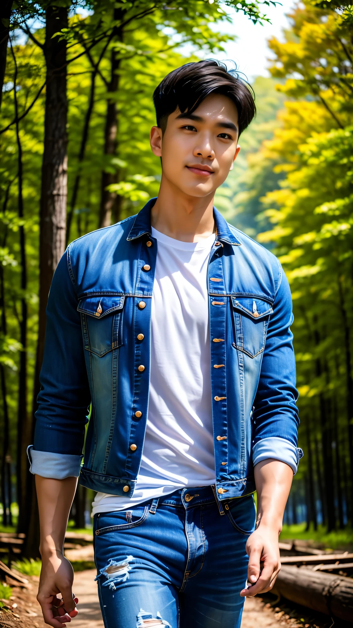 Masterpiece, best quality, High quality, วอลล์เปเปอร์ CG unity 8k ที่มีvery detailed, depth of field, HDR,,ภาพrealistic,very detailed, 1 man smiling, Asia, black short hair, (Wear a white t-shirt, blue jeans jacket), chest muscles, Big arm muscles, blood vessel, big muscles, Broad shoulders, looking at the audience, Balancing the eyes, professional photography, advertising shoot, face looking at camera, Portrait from the side, realistic, with the sunset atmosphere, Walking into the dark forest with a camera