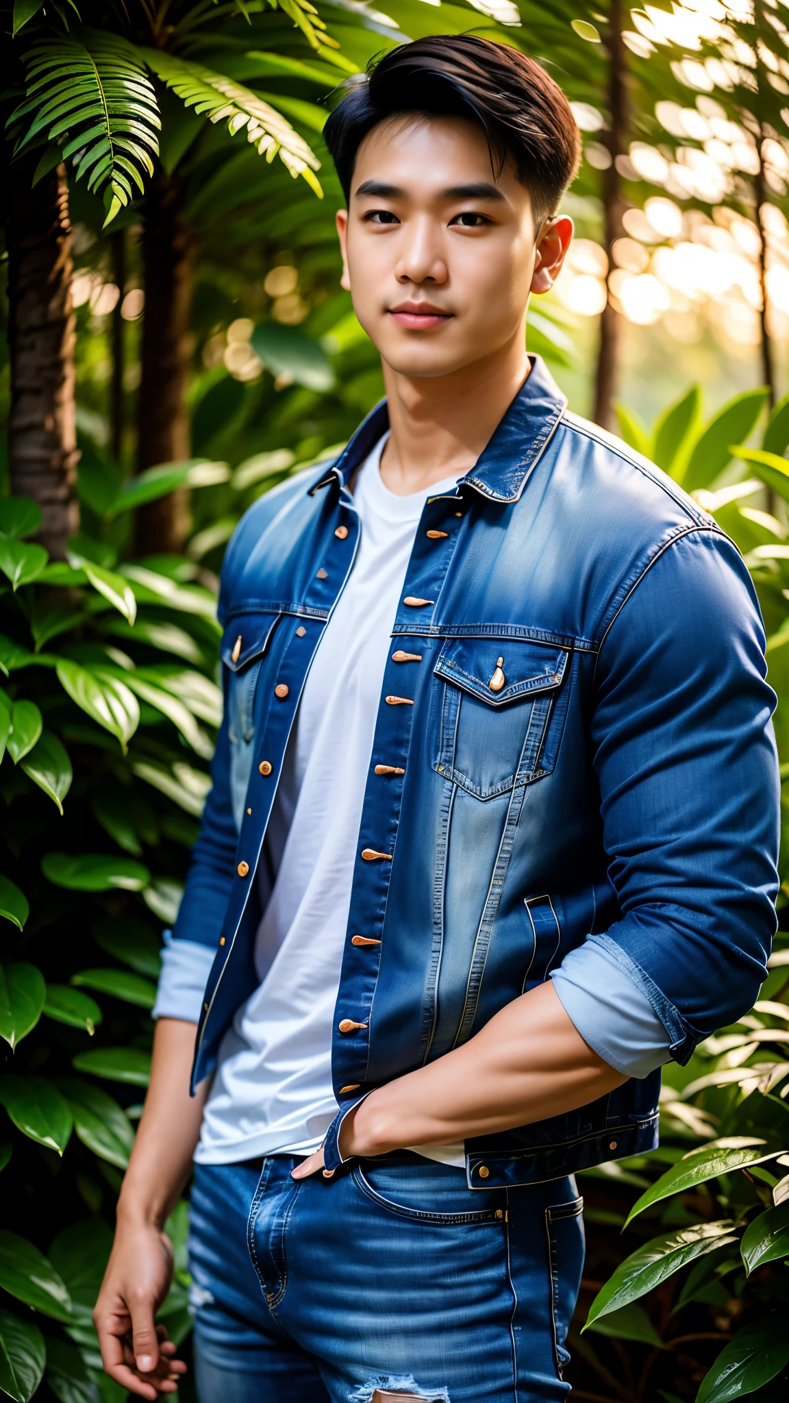 Masterpiece, best quality, High quality, วอลล์เปเปอร์ CG unity 8k ที่มีvery detailed, depth of field, HDR,,ภาพrealistic,very detailed, 1 man smiling, Asia, black short hair, (Wear a white t-shirt, blue jeans jacket), chest muscles, Big arm muscles, blood vessel, big muscles, Broad shoulders, looking at the audience, Balancing the eyes, professional photography, advertising shoot, face looking at camera, Portrait from the side, realistic, with the sunset atmosphere, Walking into the dark forest with a camera