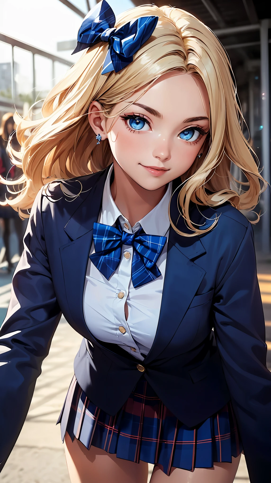 concept:A portrait of a beautiful woman。 quality:(最高quality, 4k, High resolution, masterpiece:1.2), Super detailed, (real, photorealistic:1.37), illumination:cinematic light, Bright colors and mesmerizing effects, 柔らかく繊細なillumination, gentle shine, Lens flare, Subject information:alone, ((young woman)), (narrow eyes), (small face), (high detail skin:1.2), long eyelashes, glossy lips, (blonde, long wavy hair, blue eyes), slim body shape:1.4, Highly detailed face and skin texture, (Happy smile:1.2), facing the front:1.2, photo shootのためポーズをとる, (((blue bow tie, high school uniform:1.2, dark blue jacket, open jacket, white shirt, deep blue plaid skirt, seductive thighs))), Other details:at the shopping mall:1.5, pose of looking back:1.2, beautiful skin, shiny skin, perfect fingers, five fingers, anatomically correct, background bokeh, Lens flare, 500㎜, f/4, photo shoot,