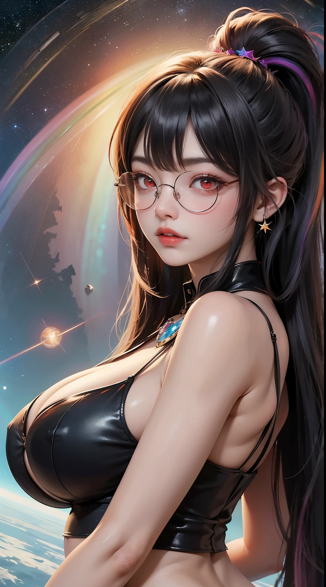 1名 27歳 woman, Understood、(best illustrations)、8k UHD resolution、intricate details、最high quality、realistic、Super detailed、best lighting、best shadow、soft lighting、ultra hd、dungeon and Dragon、cave、dungeon、 necromancer、night、dark style、Succubus、devil'Daughter of、bat wings,(((デーモンホーンラック縁round glasses))))、(((big breasts)))、(devil'tail)、(red eyes shine:1.6)、masterpiece、beautiful features、Tyndall effect、realisticphotograph、(high detail skin:1.2)、8KUHD、Digital single-lens reflex camera、high quality、photograph、High resolution、 absurd、Ponytail distortion、Optimal ratio of 4 fingers and 1 thumb、1 girl、hair ornaments、真っ赤に輝くgemのネックレス、gem、beautiful expression、body up、big breasts emphasis、tight waist、wide ass、Tyndall effect、Photoreal、(high detail skin:1.2)、dark and mysterious version, lipstick red lips, thin and beautiful lips, Don'Don'don't laugh, please keep your mouth shut, Characters created by Karol Baku and Pino Denis, intricate details, detailed background, very detailed, magic of light, woman, cute face, ((((giant glasses, otaku glasses, thick glasses, round glasses))))、 looking at the Upper body of the goddess , round chest, big and round chest, phoenix hair brooch, long hair with bangs, (Long hair has seven colors like a rainbow:1.9), Beautifully detailed face and well-proportioned eyes, (crystal clear red eyes: 1.8), Big round eyes and very beautiful and detailed makeup, Visionary, long silk nightgowns, mysterious makeup, ブresponseレット, I dyed the side bangs light yellow..., Upper body, (goddess Upper body: 1.8), hanging arms, リアルで鮮やかなphotograph, (stars that make up : 1.7), ( Space-time portal of sky and imagination: 1.8), fiction art, RAWphotograph,黒い着物のphotograph, 最高のphotograph , expensive_response, 最high quality, 最高のphotograph, 8K quality, 8K Ultra , surrealism, 最も経済的な本物のphotograph, Artistic portrait of 12 signs, Symbol of one of the 12 signs on the reverse side, 12 A Portrait of a Goddess, 最もrealistic配色, 最高のphotograph color, masterpiece, hair ornaments, ネックresponse, jewelry, beautiful face, Upper body, Tyndall effect, photographのようにリアルな, Dark studio, border light, two tone light, (fine skin) expensive: 1.2), 8k UHD, Digital single-lens reflex camera, soft light, expensive quality, volume light, Frank, photograph, expensive responseolution, 4K quality, 8k, Bokeh, smooth and sharp, 10x more pixels, Charming goddess, sexy goddess, (background space: 1.8), (milky way: 1.7), aurora, lightning, (auroraの背景: 1.8) <roller:crazy_perfect eyes_v1_from_v1_, beautiful goddess and flowers,