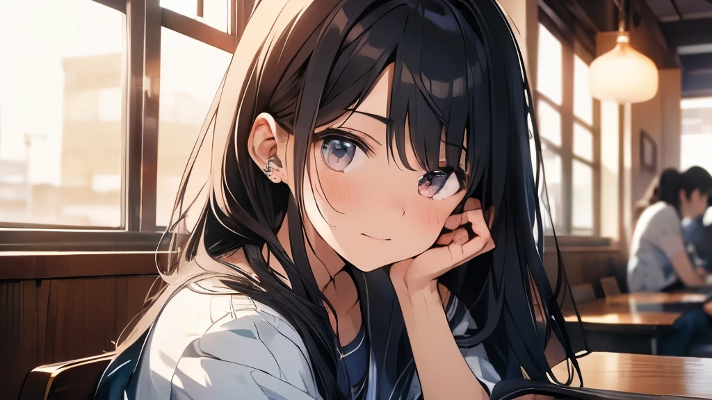 20歳のIdol、hair is black、long hair、eyes are big、Idol、coffee shop、sitting、night、sad face、looking at the viewer
