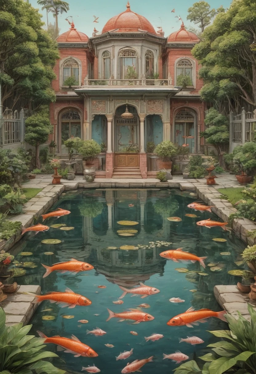 Symmetry, symmetrical, fish pond, by Wes Anderson, best quality, masterpiece, high details, Ultra intricate detailed