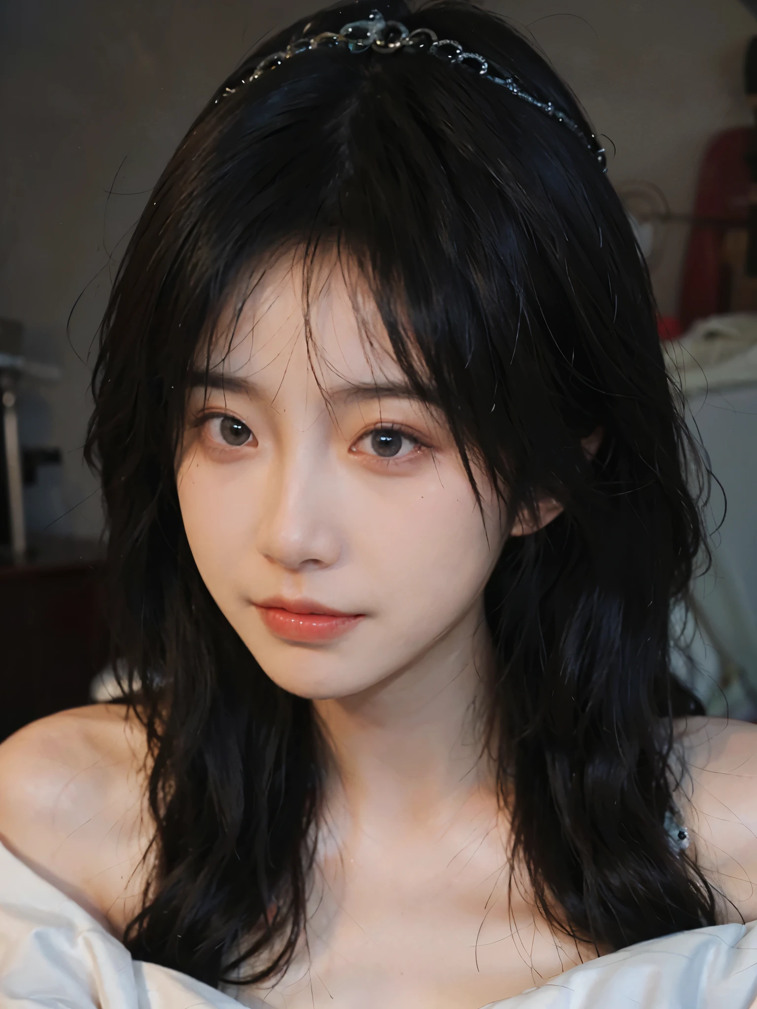 Film portrait photography, 1 girl, bare shoulders, Shoulder length wavy hair, white wedding dress， (Realistic and detailed eyes, natural skin texture, Realistic facial details), Soft dramatic lighting, depth of field, Bokeh, Vibrant details, Detailed and detailed, surreal, 35mm film, hazy, ,