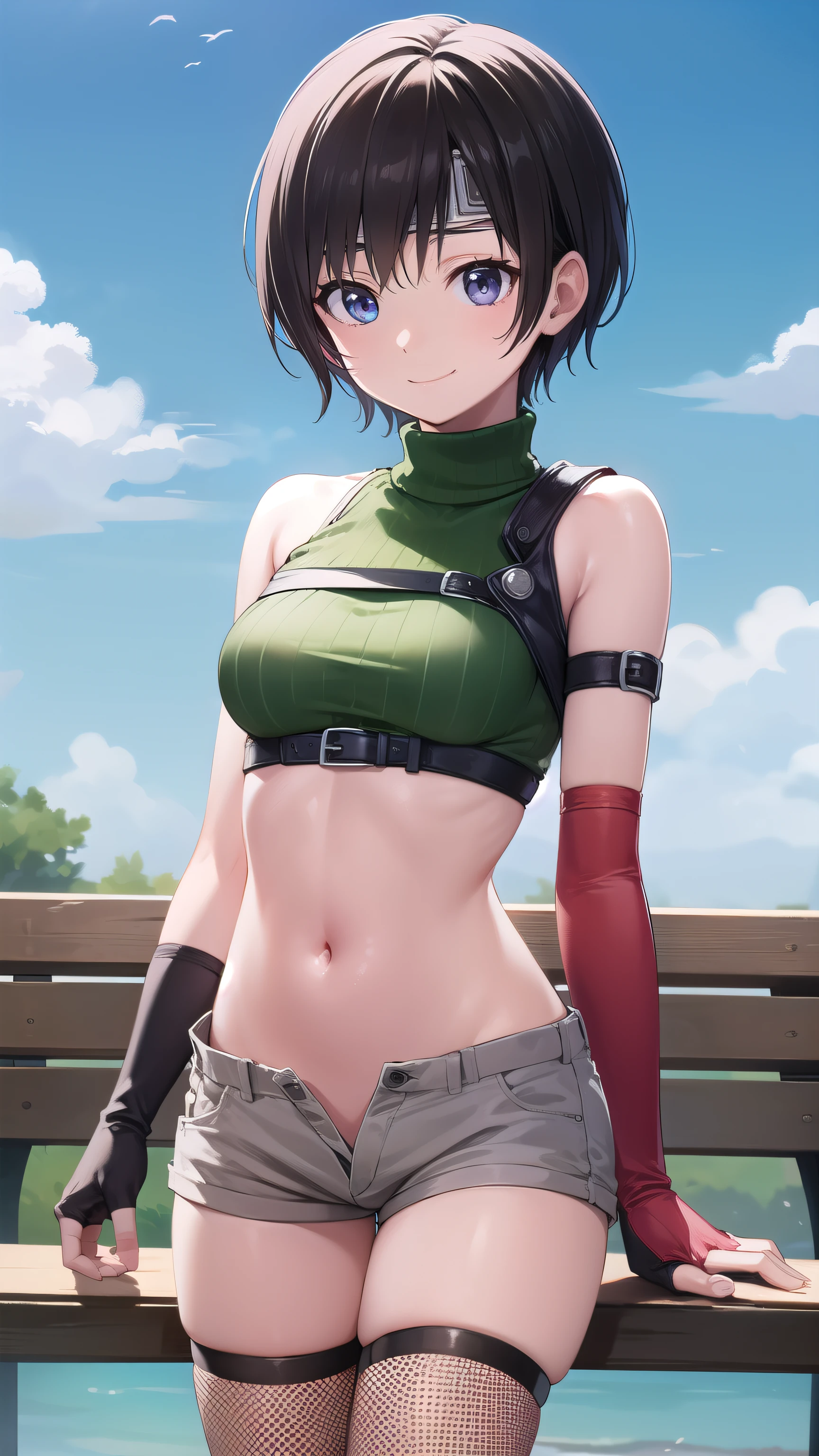 yuffiekisaragi, Yuffie Kisaragi,haircut, pixie cut,
壊す crop top, fingerless gloves, Fishnet tights Thighhighs, Fishnet tights, forehead protector, gloves, head band, belly button, short shorts, shorts, single sleeve, single thigh high, sleeveless, sleeveless turtleneck, Thighhighs, turtleneck,
bench、blue sky、smile