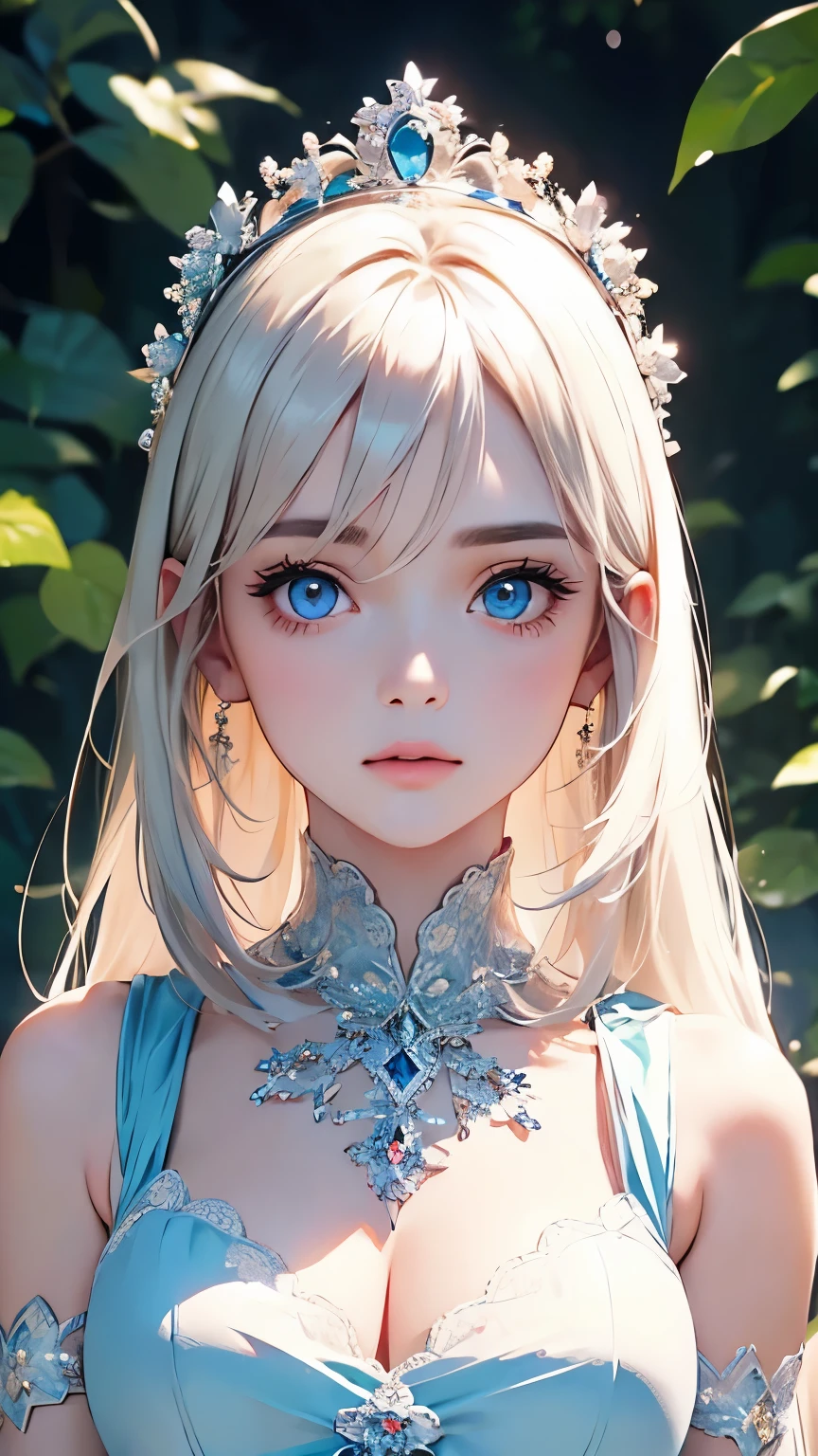 (close:1.4)、(RAW shooting:1.2)、(realistic:1.4)、(masterpiece:1.3)、(highest quality:1.4)、bright look、very beautiful girl、extraordinary beautiful girl、cute and beautiful face details、beautiful bangs、Brilliant white skin、facial hair、Bangs that extend to the face、bangs between eyes、super long hair、Charming light and dark platinum blonde super long straight silky hair、thin hair、Charming and shining beautiful bright and clear light blue big eyes、luxurious dress、tiara、double eyelid、rich bust、Upper body