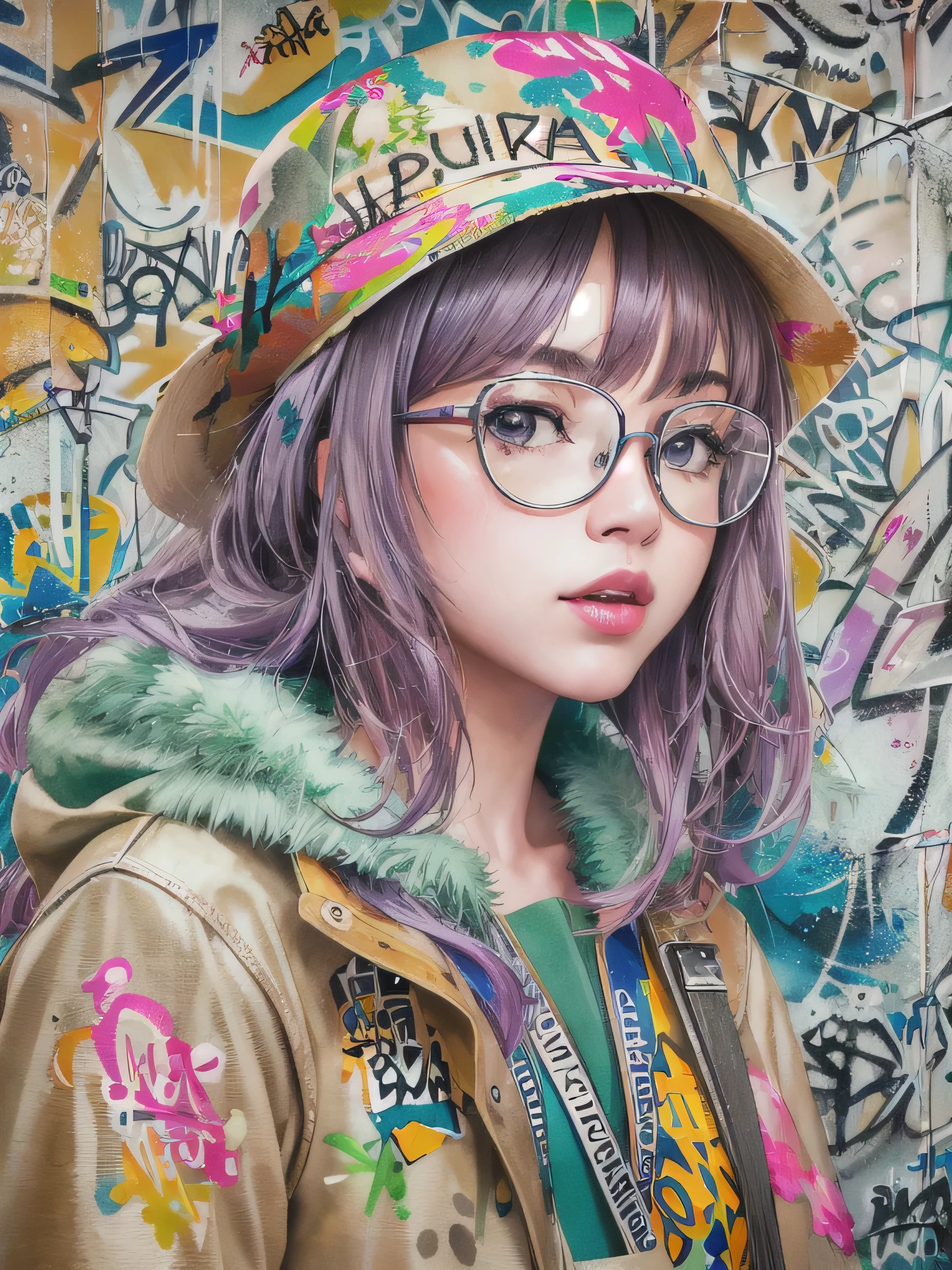 8K quality, watercolor painting, stylish design, (((The strongest beautiful girl of all time))), (((Japanese)))、Idol、AKB48、clear, stylish glasses, Fashionable hats, (((highest quality))), bob hair, Place your hands on the wall, HDR, ((Detailed details)), stylish fashion, detailed clothing texture, (((graffiti art))), colorful hair, ((masterpiece))、((Super detailed))