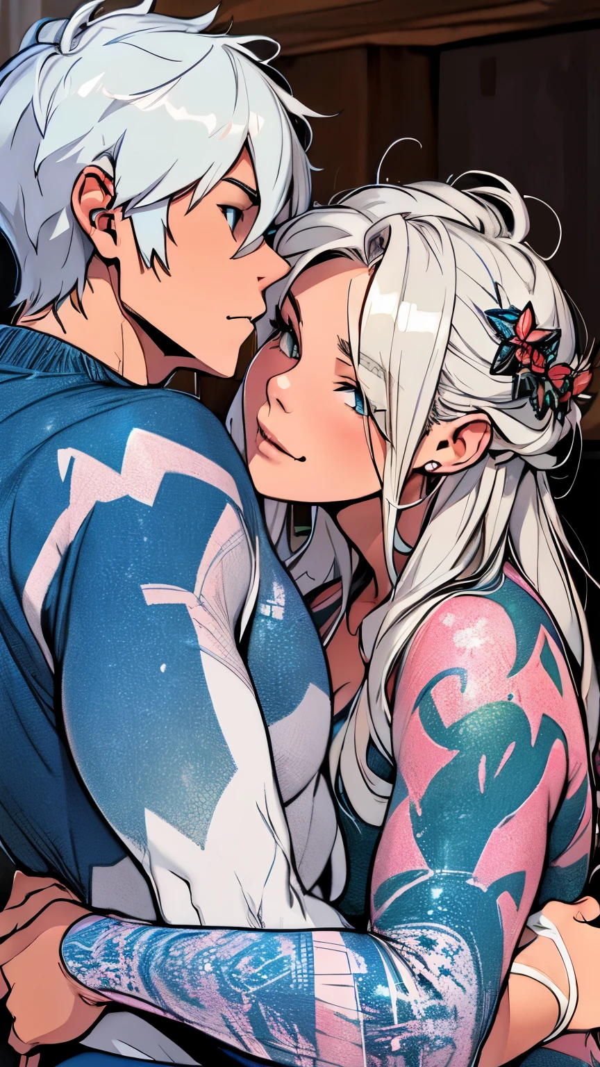 Rough lovers kissing man and girl, girl with blue hair bdsm nudity, skinny girl, young strong handsome man white hair
