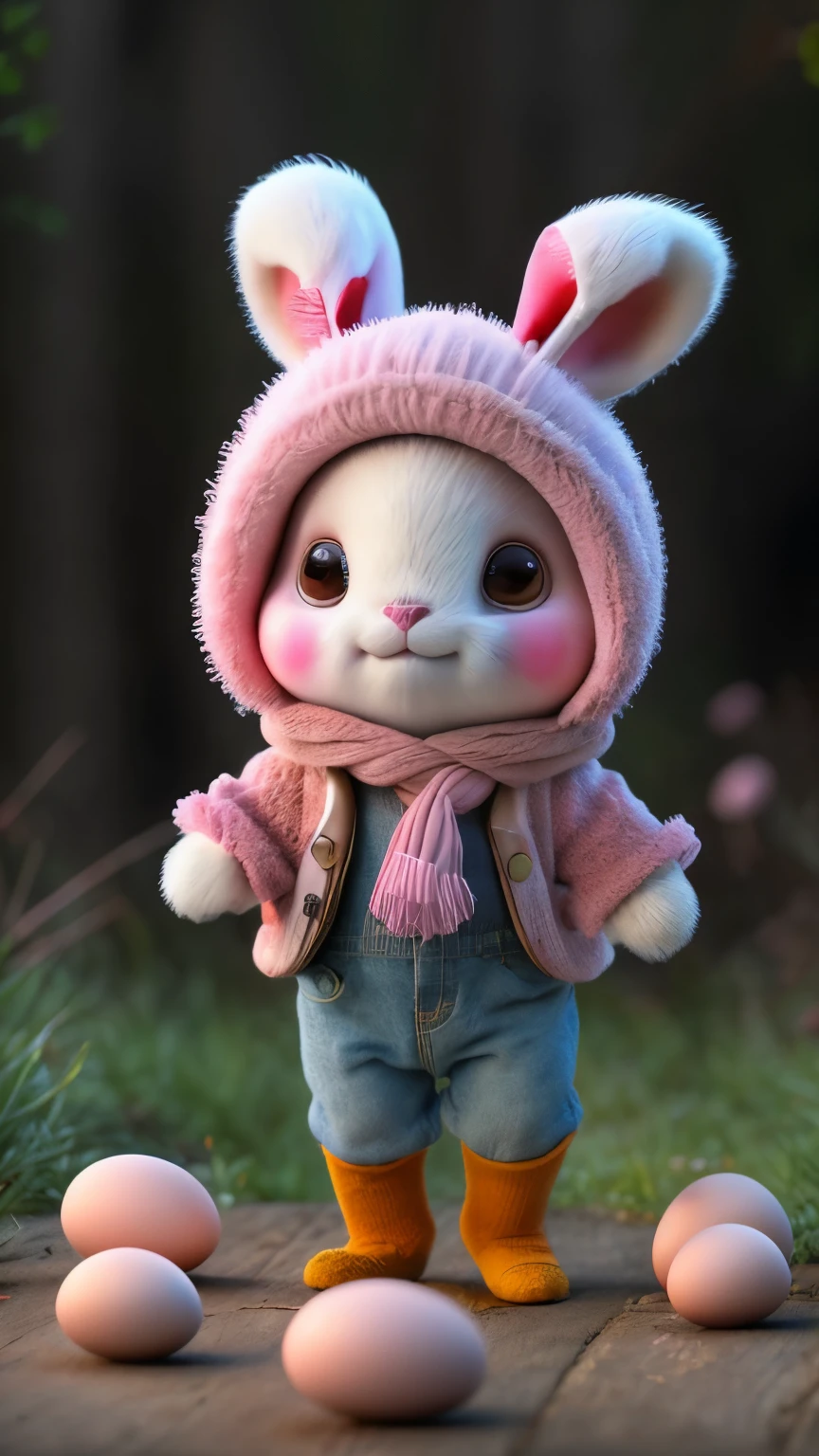 (obra de arte, premiado, melhor qualidade, high resolution) 3D illustration, 1 coelha peludo fofa, vestindo uma roupa amarela, pink bows on the ears, standing in a forest with colorful eggs, um circo iluminado no fundo
