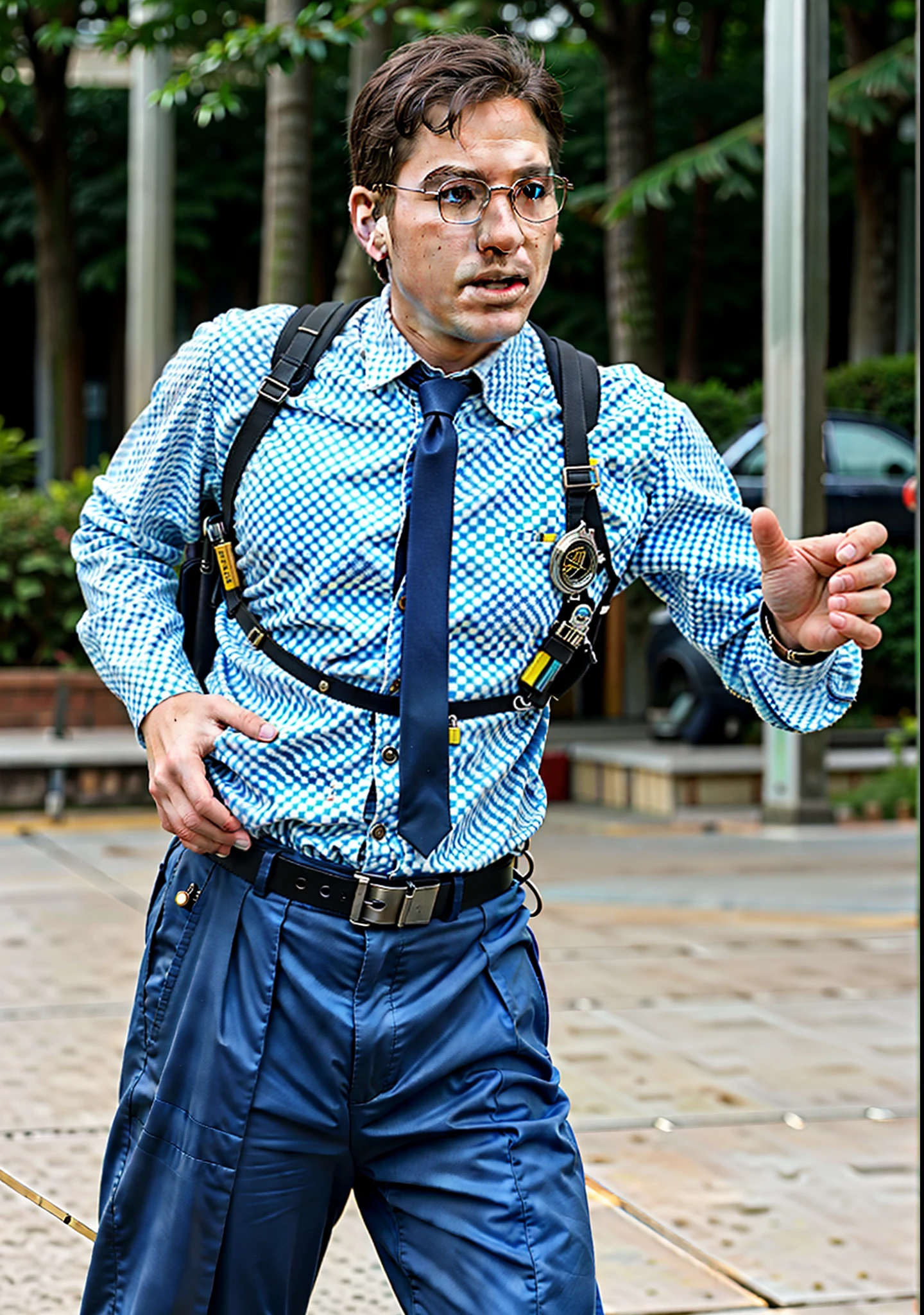 man in suspenders and a tie with a badge on his chest, he is running, blue shirt, policeman, security agent, wearing a vest and a tie, light, beautiful light, best quality, 4k, masterpiece:1.2, ultra-detailed, realistic, vivid colors, The image of the highest quality, ensuring every detail showcased perfectly. It in 4k resolution, allowing viewers to immerse themselves in the richness of the colors and intricate details. The realistic rendering. sunlight, reflecting, high-resolution image, sharp post effects render, (glossy plastic texture with multiple big light probe refractions), perfect cgi, smooth silhouette, high intensity refraction, (super glossy plastic material), most beautiful vfx, , realistic, 4k,